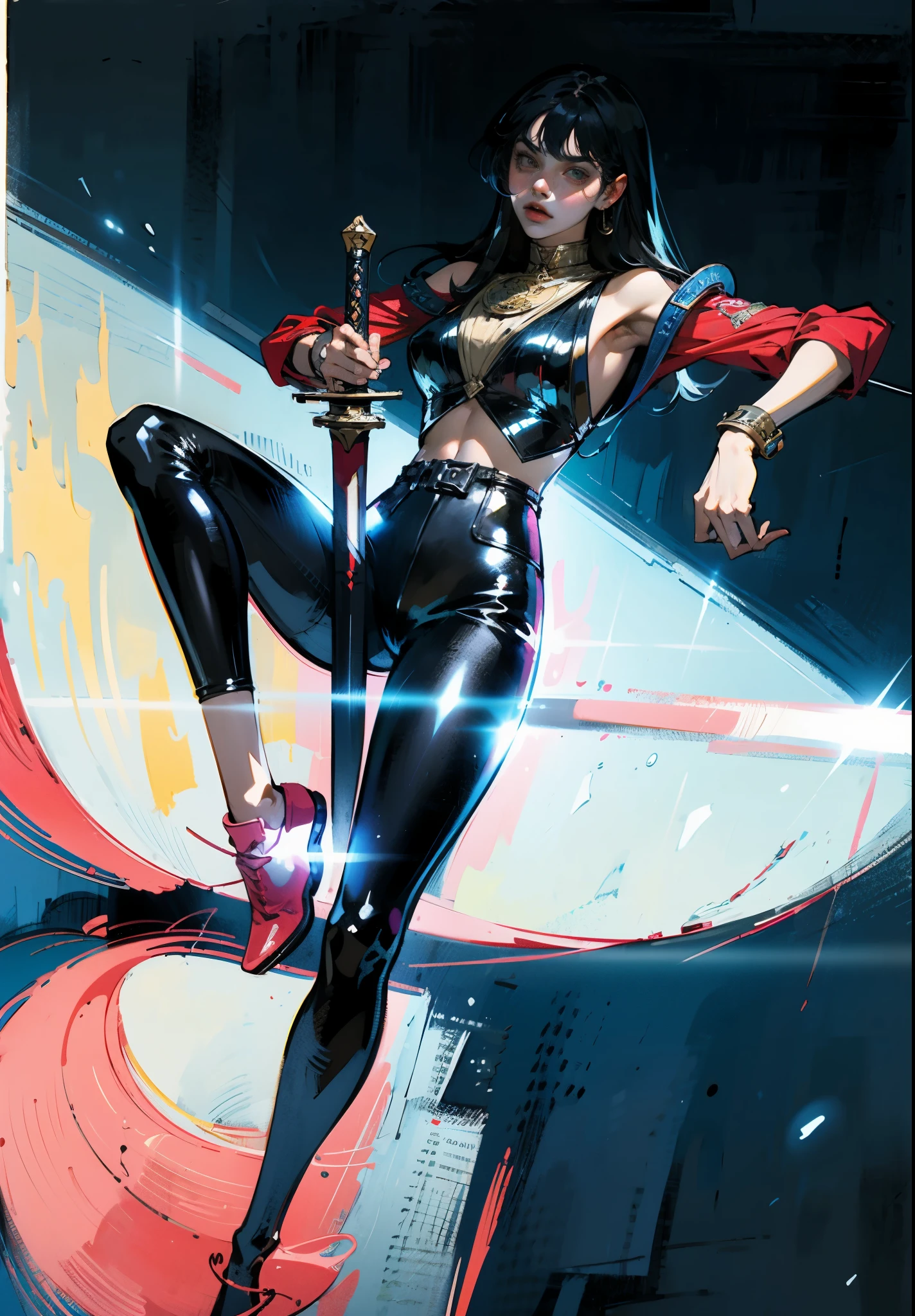 A beautiful woman with long shiny black hair, choppy bangs, a delicate face, a cold proud gaze, a fit figure, a fantasy-style high-necked leather breastplate top, sleeveless, exposes her waist, a bracelet adorns her wrist, tight-fitting leather pants, her right hand holds a longsword with a blue scabbard, she lounges casually sitting, this character embodies a finely crafted fantasy-style bounty hunter in anime style, exquisite and mature manga art style, (Alexandra Daddario:1.2), high definition, best quality, highres, ultra-detailed, ultra-fine painting, extremely delicate, professional, anatomically correct, symmetrical face, extremely detailed eyes and face, high quality eyes, creativity, RAW photo, UHD, 32k, Natural light, cinematic lighting, masterpiece-anatomy-perfect, masterpiece:1.5