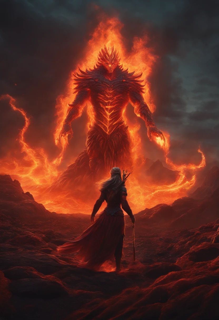 a painting of a fire elemental with a staff standing in a lava field, lava and fire goddess, fire elemental, appears as the fire goddess, dan mumford and alex grey style, epic fantasy art style hd, fire goddess, epic fantasy digital art style, epic fantasy art style, fractal thunder dan mumford, 4k fantasy art, detailed digital 2d fantasy art