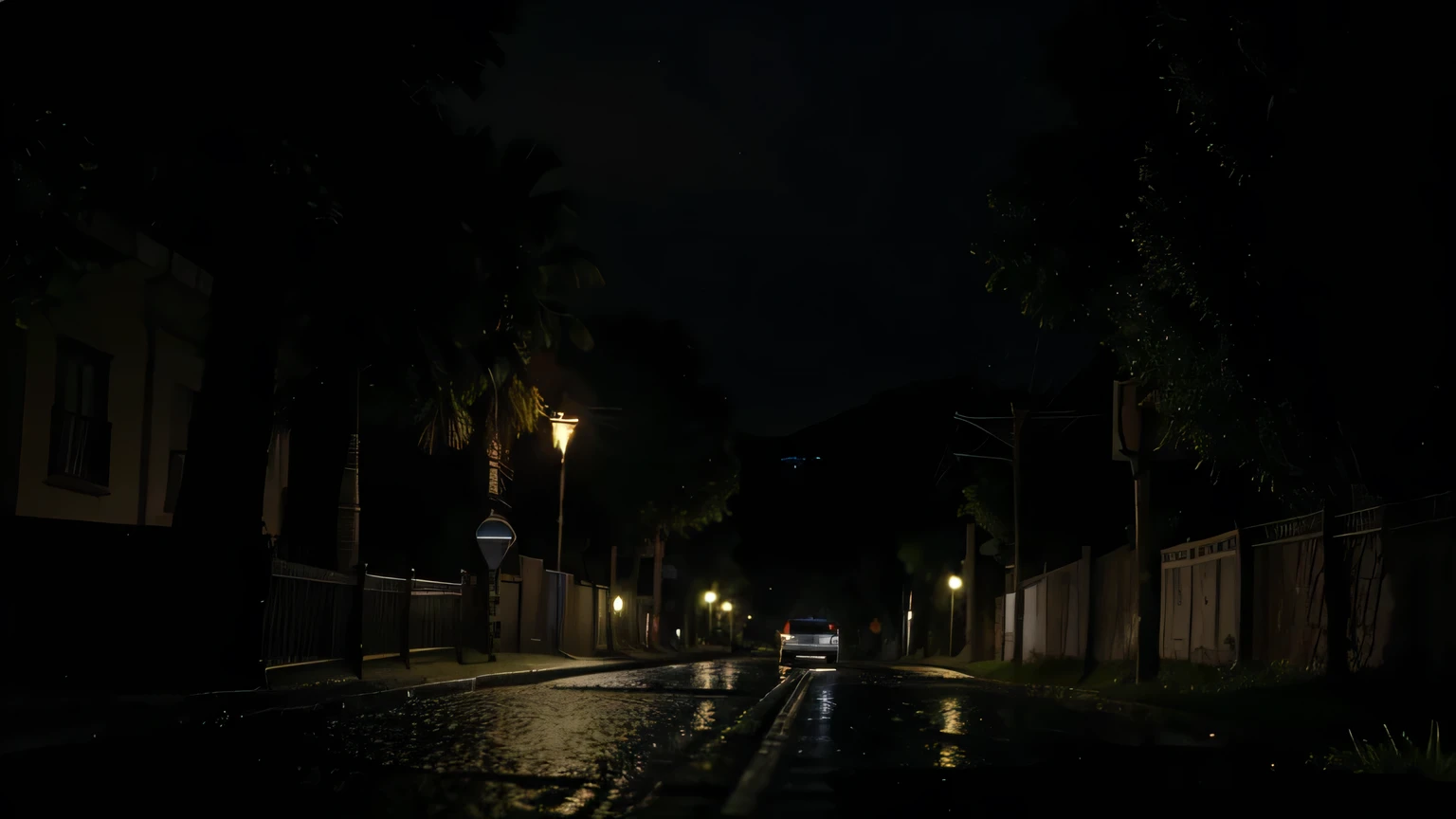 Calle de noche con solo dos faroles prendidos, noche oscura, no car, carretera un poco mojada por la lluvia