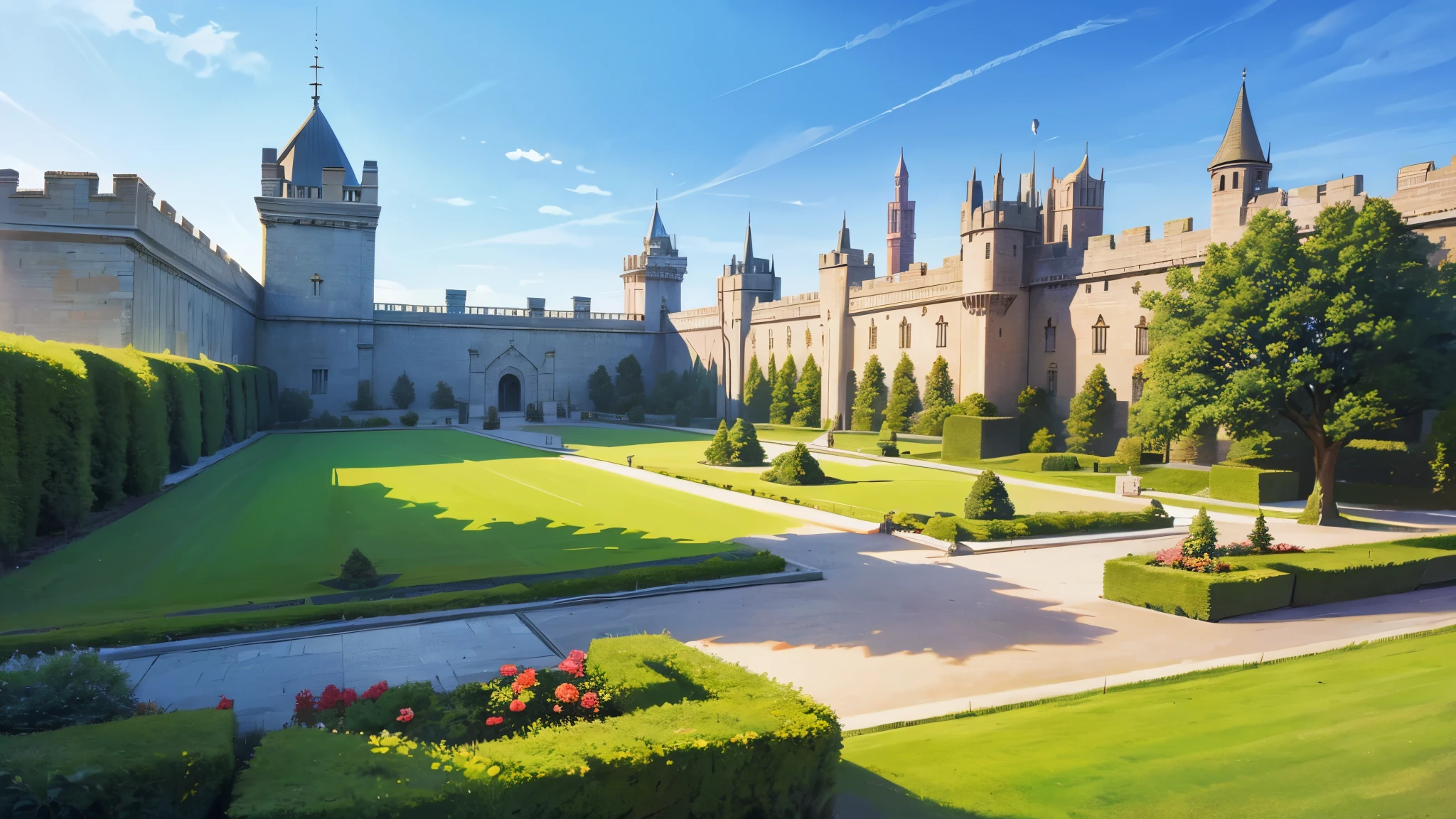 a majestic castle stands, surrounded by high walls and towers. The royal gardens, training grounds, and stables are visible within these fortified boundaries, showcasing the wealth and power of the monarchy.