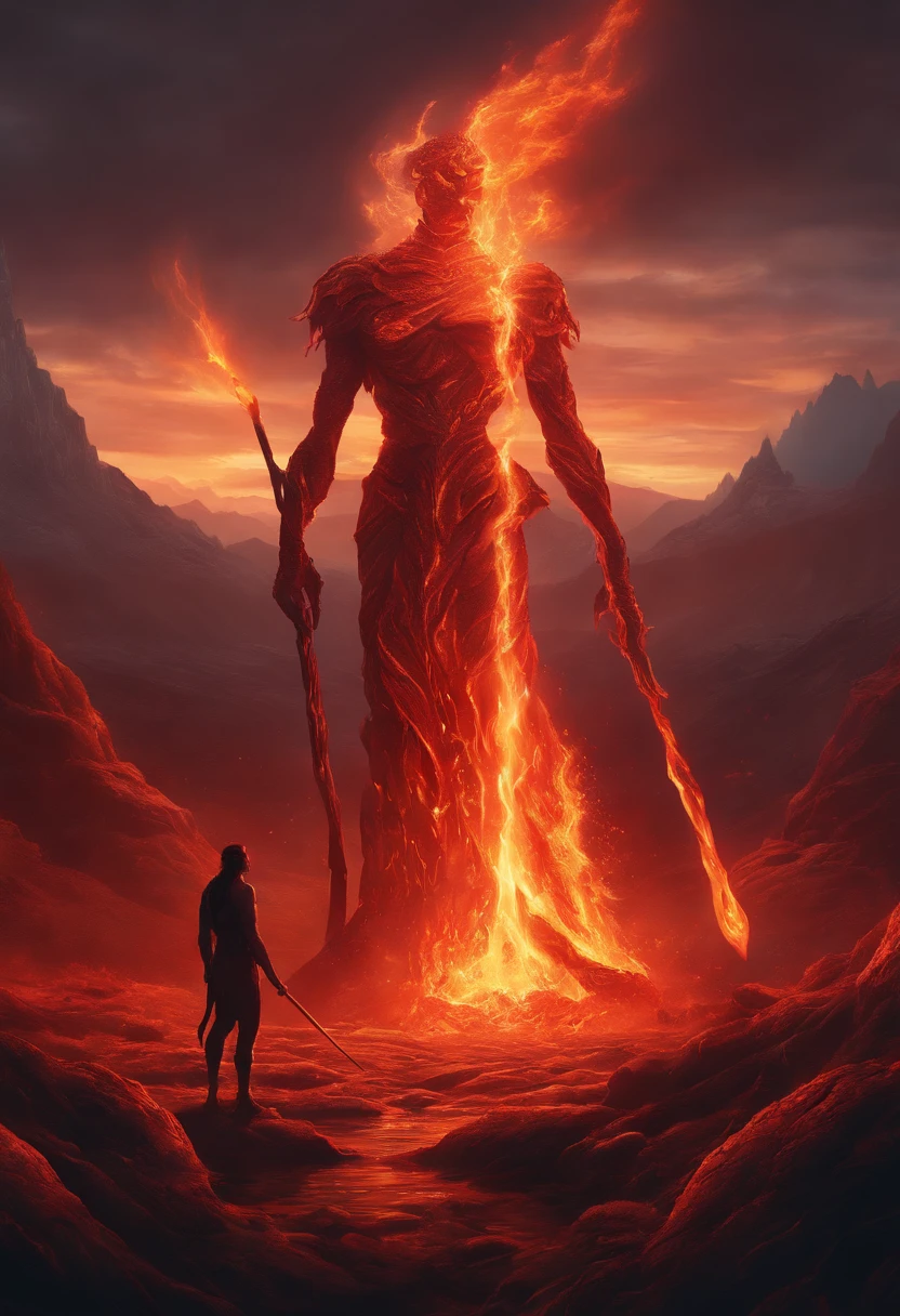 a painting of a fire elemental with a staff standing in a lava field, concept art inspired by Dan Mumford, Artstation contest winner, fantasy art, lava and fire goddess, fire elemental, appears as the fire goddess, dan mumford and alex grey style, epic fantasy art style hd, fire goddess, epic fantasy digital art style, epic fantasy art style, fractal thunder dan mumford
