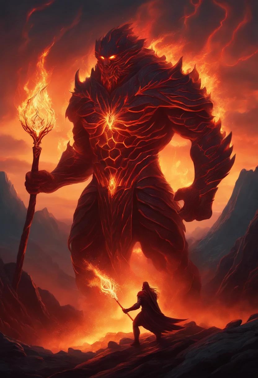 a painting of a fire elemental with a staff standing in a lava field, concept art inspired by Dan Mumford, Artstation contest winner, fantasy art, lava and fire goddess, fire elemental, appears as the fire goddess, dan mumford and alex grey style, epic fantasy art style hd, fire goddess, epic fantasy digital art style, epic fantasy art style, fractal thunder dan mumford