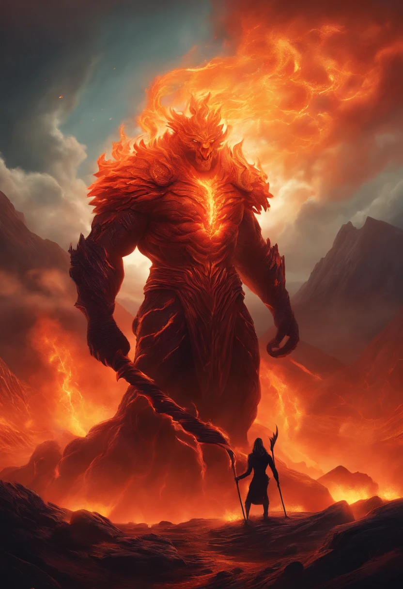 a painting of a fire elemental with a staff standing in a lava field, concept art inspired by Dan Mumford, Artstation contest winner, fantasy art, lava and fire goddess, fire elemental, appears as the fire goddess, dan mumford and alex grey style, epic fantasy art style hd, fire goddess, epic fantasy digital art style, epic fantasy art style, fractal thunder dan mumford