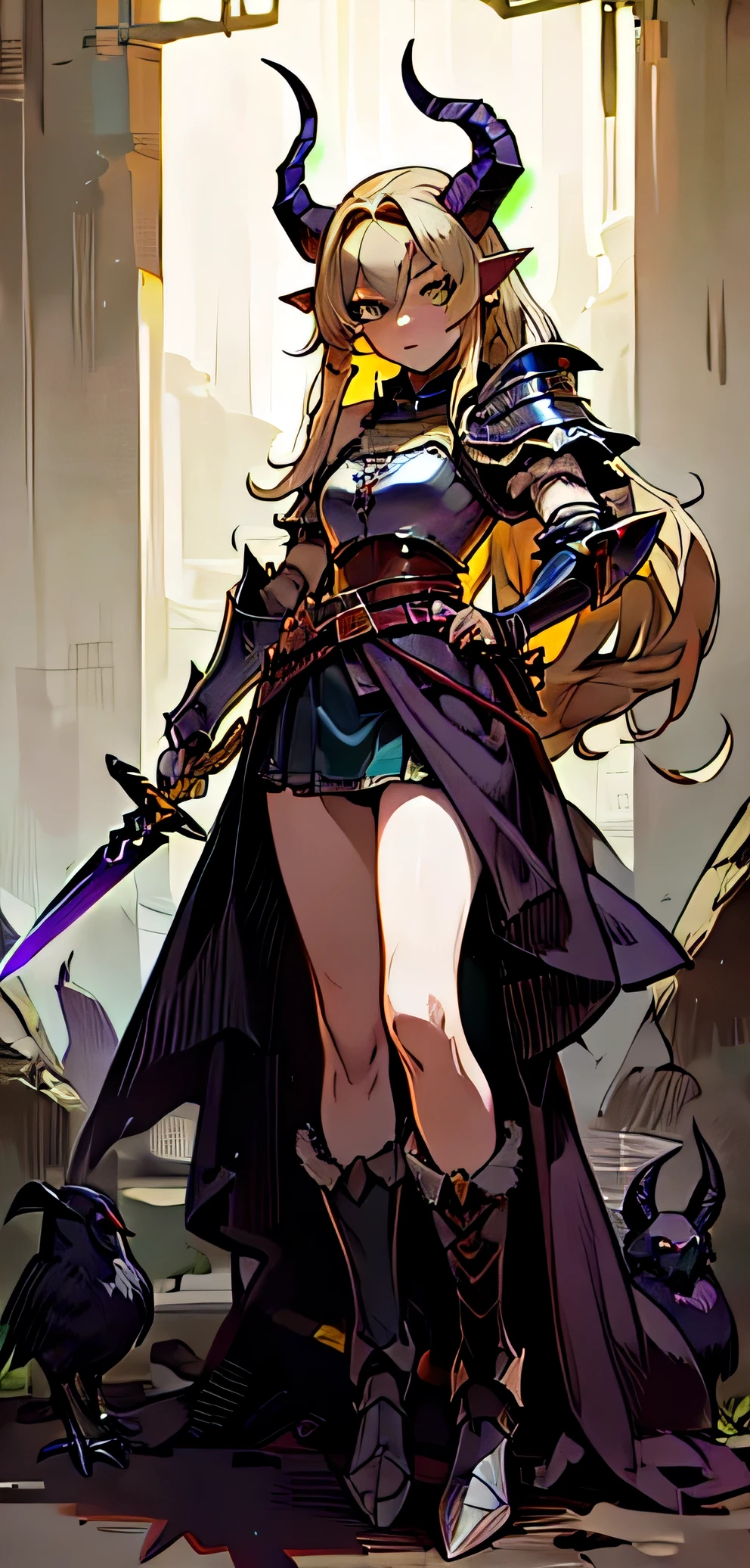 Best quality, masterpiece, ultra high res, (photorealistic:1.4), raw photo, 1girl, offshoulder, in the dark, deep shadow, low key, cold light, green eyes, (((horns))), very long hair, bangs, leather fantasy clothes, demon, big bust, cute face, full body, medieval , (((full body))), silver details, medieval clothes, detailed face, boots, (((magic sword))), shield, belt, bracelets, (((shoulder armor))), elegant, (((furr))), (((crow))), braided hair, silver ornaments, (((perfect face))), blonde hair, masterpiece