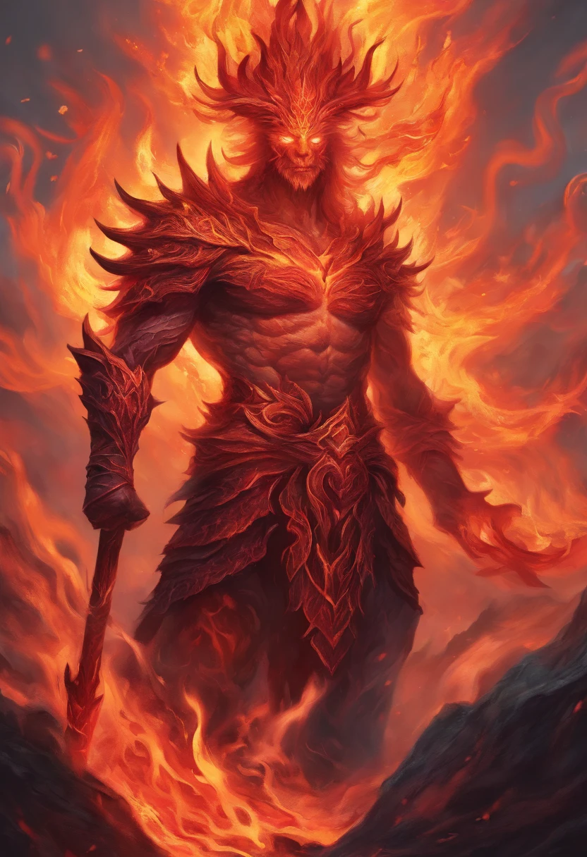 a painting of a fire elemental with a staff standing in a lava field, lava and fire goddess, fire elemental, appears as the fire goddess, dan mumford and alex grey style, epic fantasy art style hd, fire goddess, epic fantasy digital art style, epic fantasy art style, fractal thunder dan mumford, 4k fantasy art, detailed digital 2d fantasy art