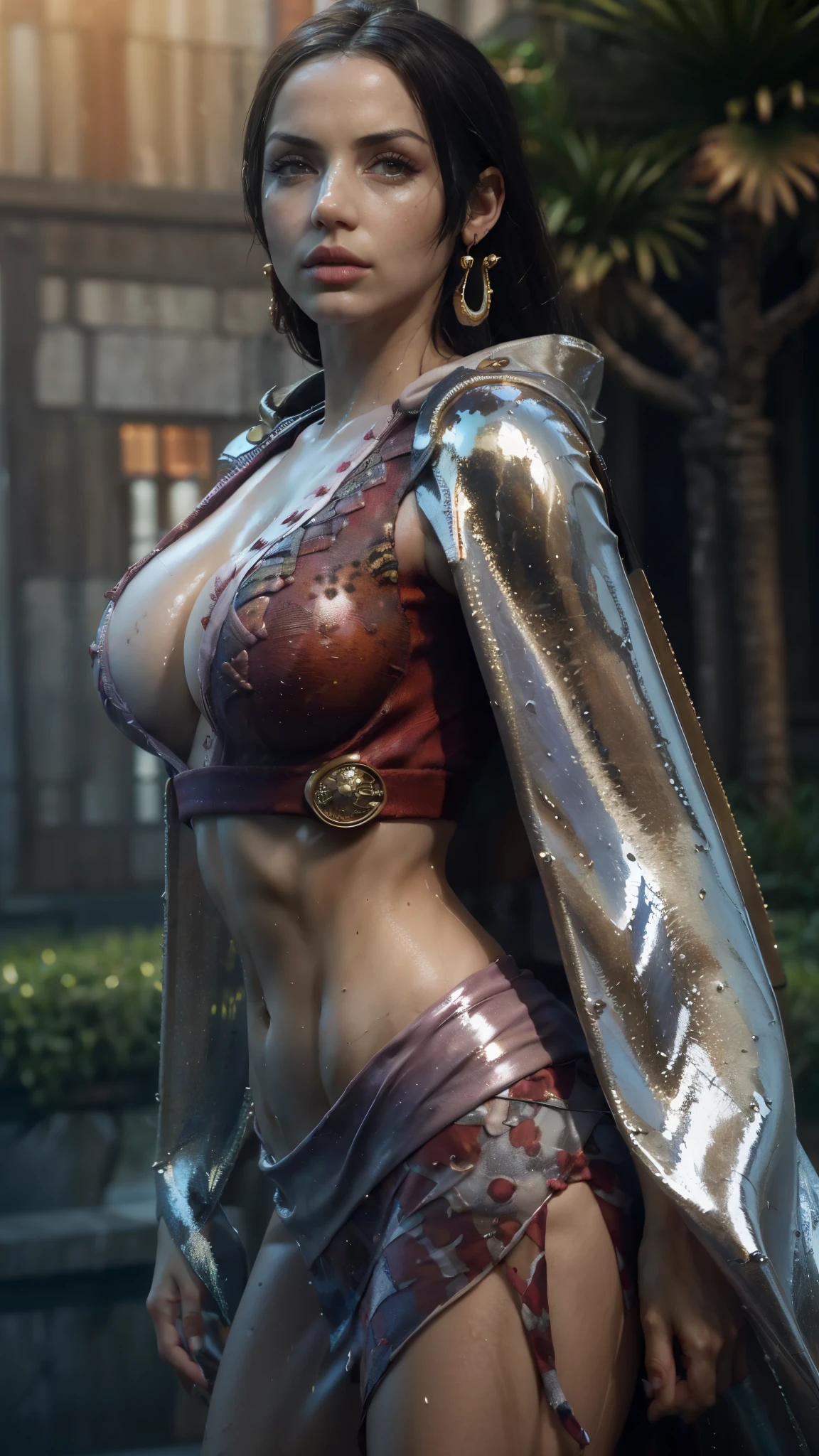 ((Unreal Engine 5)), Realistic Rendering, Excellent, (crop top), (boa hancock:1.5), (Cloak), (ear ring), Ana de Armas, looking on camera, 1girl standing on studio, beautiful face, makeup, CGmix, (photorealism:1.2), ultrarealistic uhd face, (huge fake boobs:1.4), (gigantic breasts:1.1), (muscle abs), (big butt), (wide hips), (thick thighs), slim waist, hourglass figure, half body, ((glowing skin)), ((shiny skin)), Realistic body, ((she is sexy body)), ((clean skin)), photorealistic, bokeh, motion blur, masterpiece, highres, 1080P, super detail, textured skin.