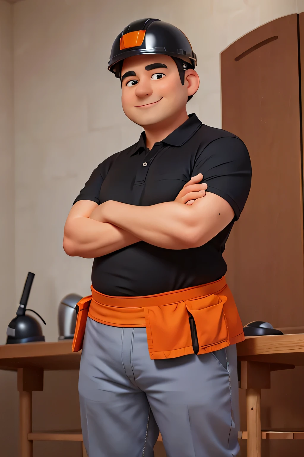 A man smiling without a beard or mustache, wears a black polo shirt and a construction helmet, is chubby, has his arms crossed, conveys confidence and authority, with graying white hair, but barely appears because of the protective helmet, image without background