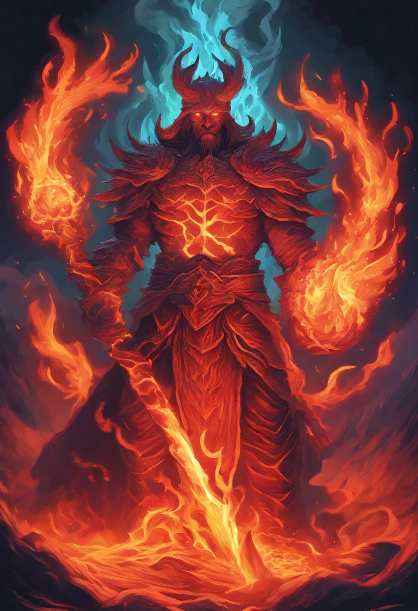 a painting of a fire elemental with a staff standing in a lava field, concept art inspired by Dan Mumford, Artstation contest winner, fantasy art, lava and fire goddess, fire elemental, appears as the fire goddess, dan mumford and alex grey style, epic fantasy art style hd, fire goddess, epic fantasy digital art style, epic fantasy art style, fractal thunder dan mumford