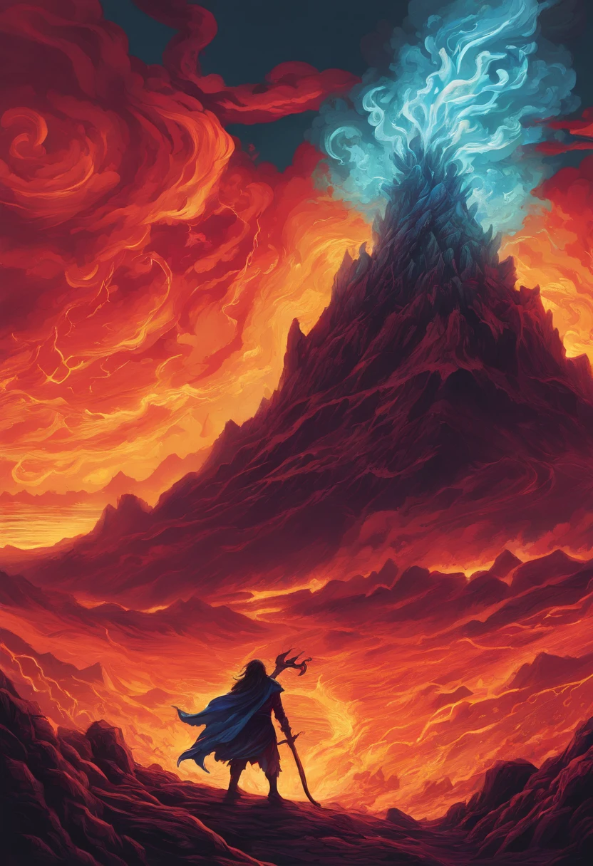 a painting of a fire elemental with a staff standing in a lava field, concept art inspired by Dan Mumford, Artstation contest winner, fantasy art, lava and fire goddess, fire elemental, appears as the fire goddess, dan mumford and alex grey style, epic fantasy art style hd, fire goddess, epic fantasy digital art style, epic fantasy art style, fractal thunder dan mumford