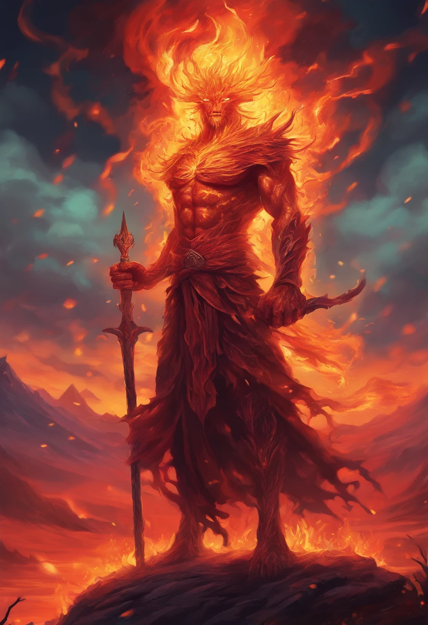 a painting of a fire elemental with a staff standing in a lava field, concept art inspired by Dan Mumford, Artstation contest winner, fantasy art, lava and fire goddess, fire elemental, appears as the fire goddess, dan mumford and alex grey style, epic fantasy art style hd, fire goddess, epic fantasy digital art style, epic fantasy art style, fractal thunder dan mumford