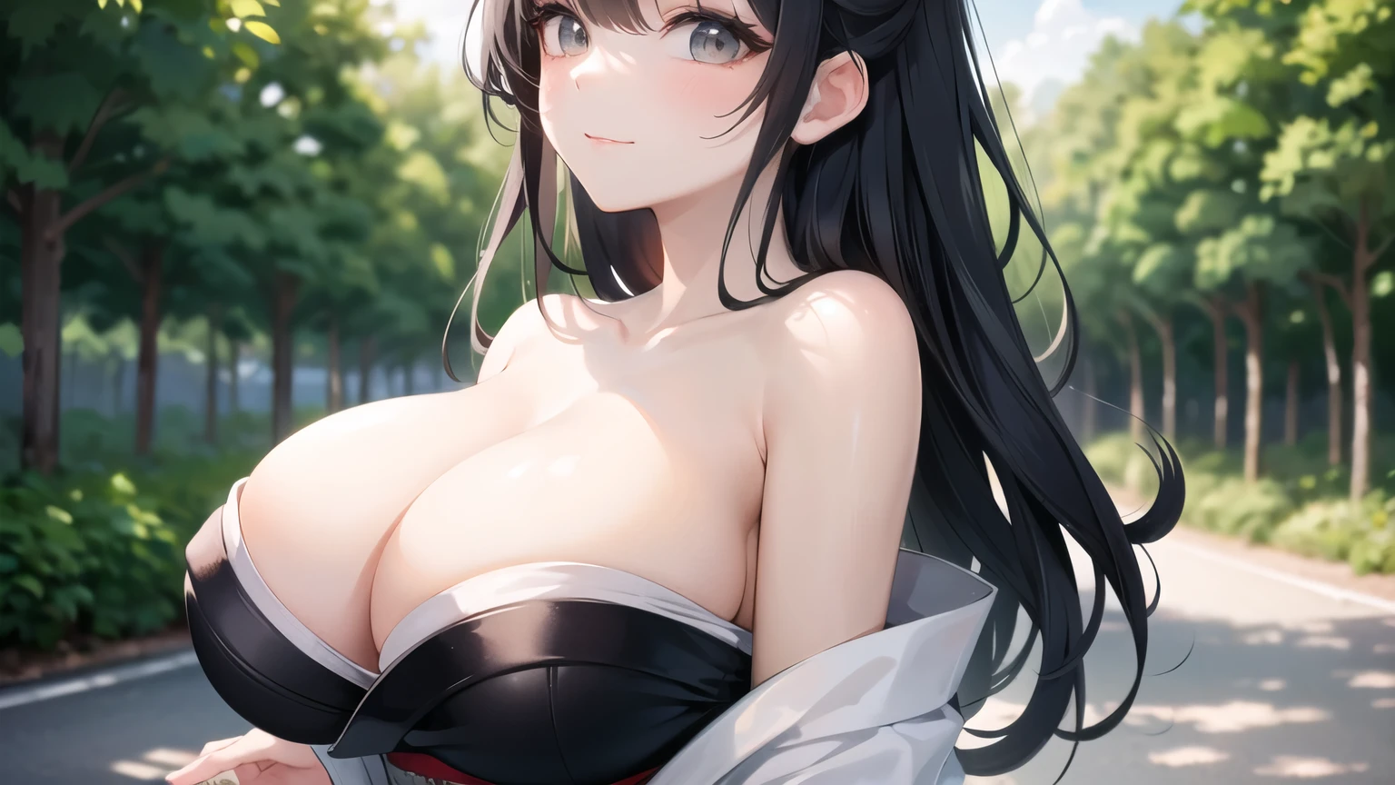 (((masterpiece, best quality))), (((superior quality))), cute girl, ((extremely detailed girl)), (huge breasts), (yukata), (bare shoulders), strapless top, slight smile