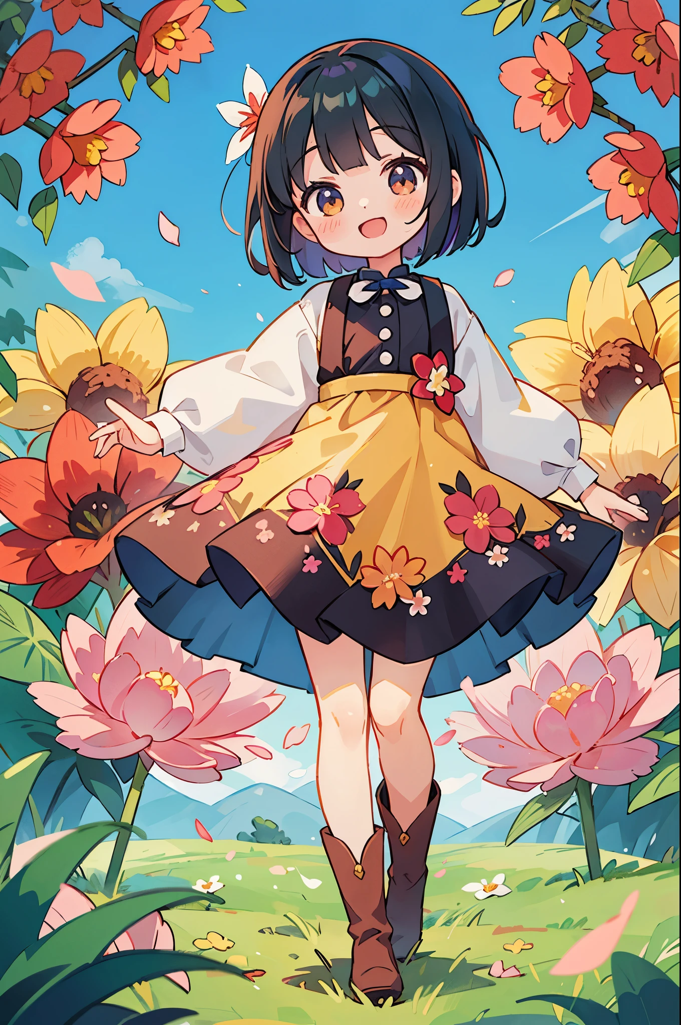 Stand in front of the photo、1girl in,Full body,Short Bob,,long boots,Open mouth and big smile、kawaii pose、Flowing iridescent silk、up of face、Eye Up、Colorcon with heart pattern、Floral dress、There are flowers even in front of you、flower petals、season!!:autumnal☀ 🍂