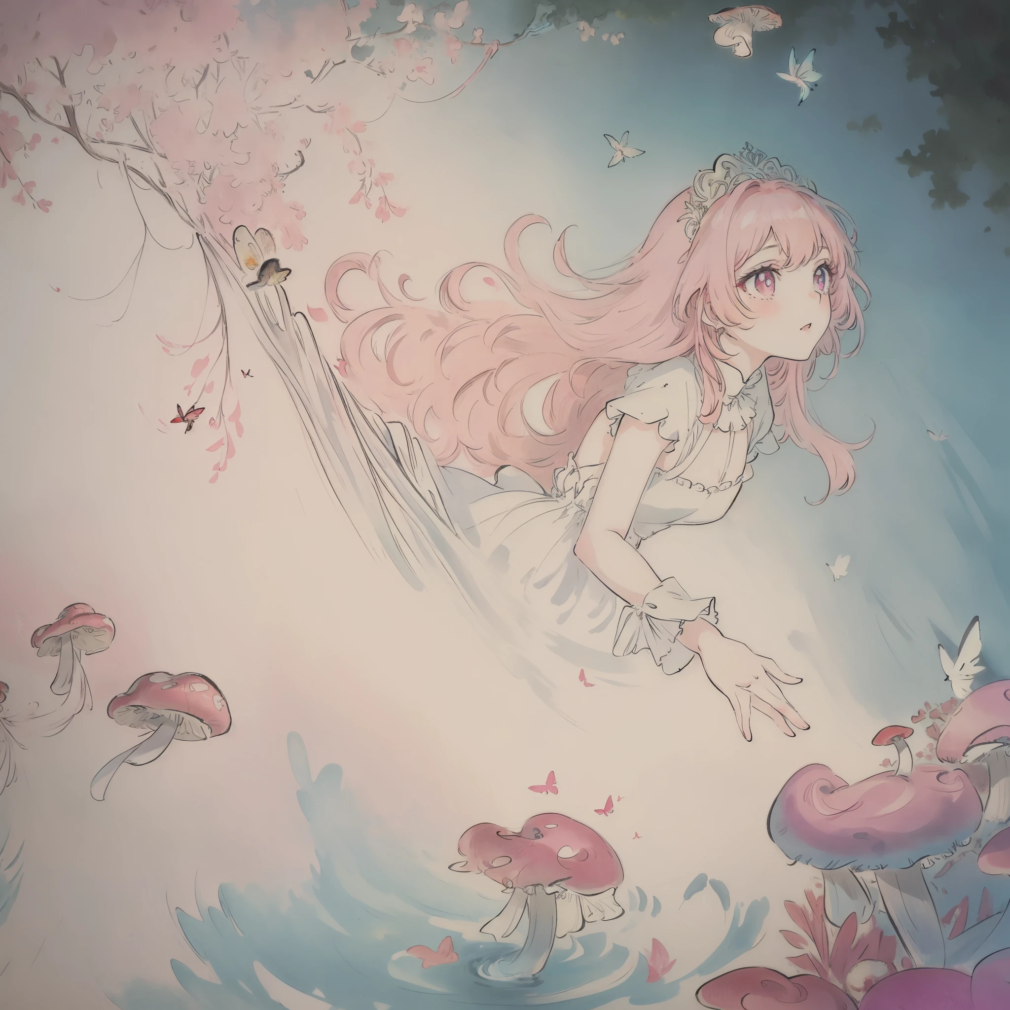 1girl,alone,single,solo,only one,one character,(((Personage as the main perspective))),(((character in the middle))),((masterpiece)),((best quality)),(ultra-detailed),(illustration),clear-cut margin,alphonse mucha, extremely detailed CG unity 8k wallpaper,((an extremely delicate and beautiful)),(dynamic angle),An enchanted forest at night illuminated by glowing mushrooms, ((Tyndall effect)),(Fluorescent mushroom forests background), 1girl,(arms behind back),(beautiful detailed eyes),cute pink eyes,golden pupil,detailed face,upper body,white dress,messy floating pink hair,disheveled hair,focus,(beautiful water),river,flying butterfly,sunlight,shine,chiaroscuro, ray_tracing,(painting),[[[[[[8 k artistic photography]]]]]]