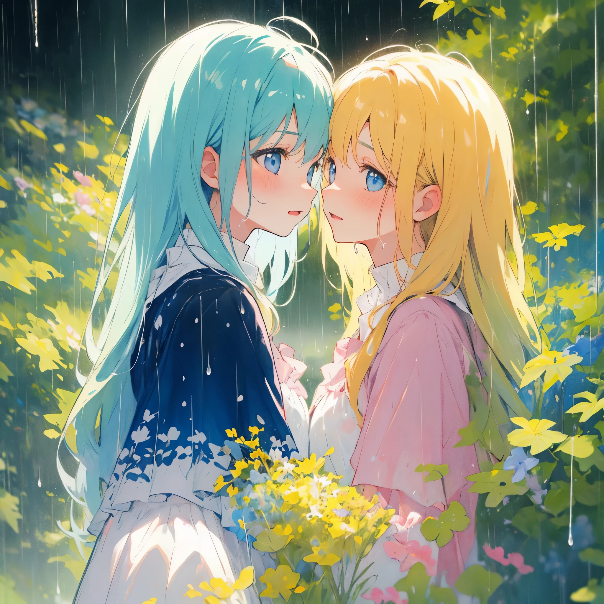 2girls hugging looking at each other, serendipity, extremely detailed faces, masterpiece, perfect illumination, (raining), (rain), (pastel colors), (muted colors)