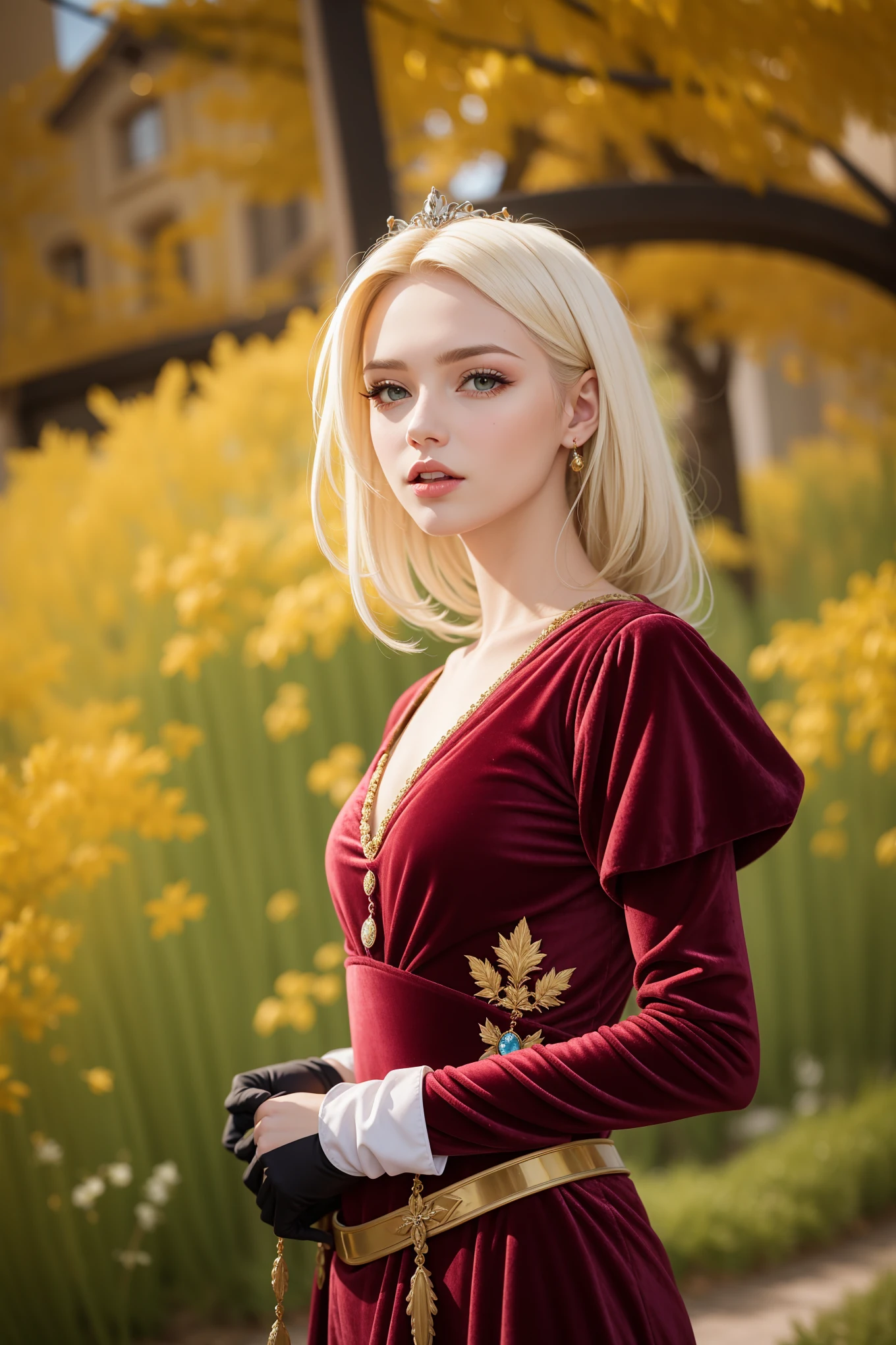 (((white))) beautiful ((thick)) hair (((blonde))), beautiful hairstyle, beautiful girl of European appearance (European image), medieval princess in a long (burgundy) dress made of fabric (((velvet))), colorful Renaissance dress ((rich decoration)), (black gloves), medieval fantasy outfit, bright juicy colors