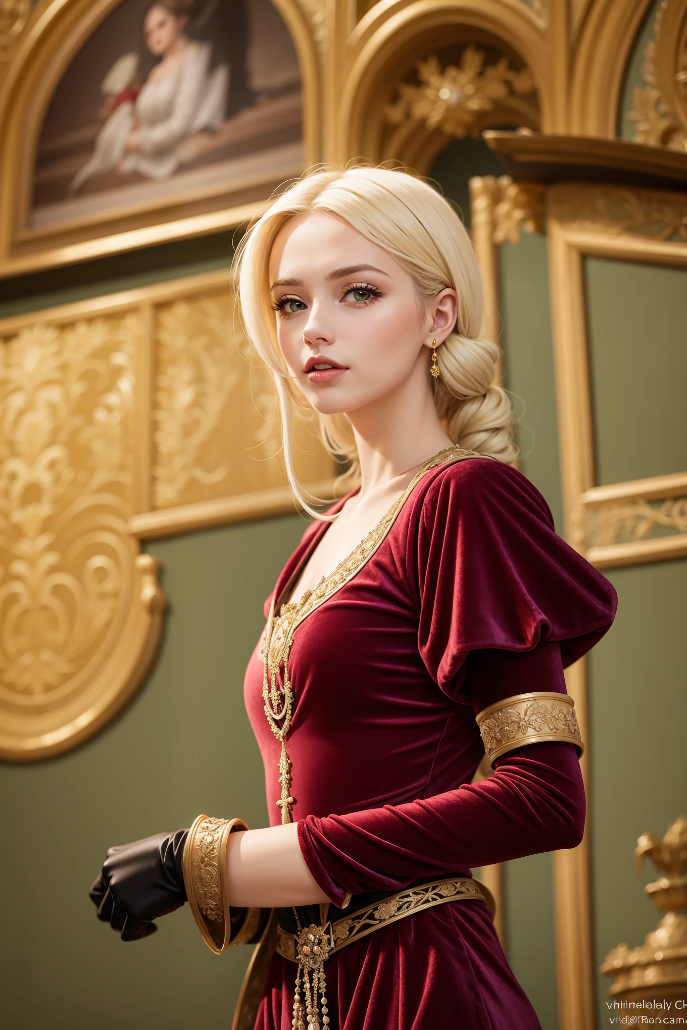 (((white))) beautiful ((thick)) hair (((blonde))), beautiful hairstyle, beautiful girl of European appearance (European image), medieval princess in a long (burgundy) dress made of fabric (((velvet))), colorful Renaissance dress ((rich decoration)), (black gloves), medieval fantasy outfit, bright juicy colors