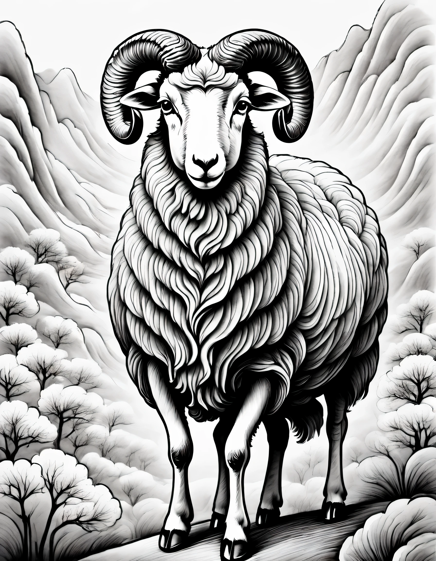 Chinese traditional ink body art style, (Draw an elegant sheep with simple lineale sheep, Undulating lines, Thick and thin lines,beautiful sheep, line drawing, black and white painting,Character Drawings,line drawing,Lyrical abstraction, Brush Art,gel pen,Ink painting art,