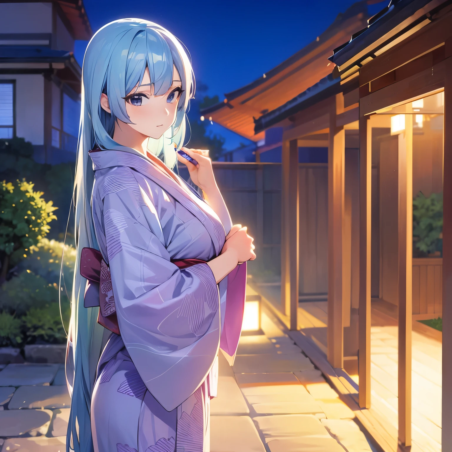 A beautiful girl, yukata, long hair, light blue hair, perfect body shape, garden in background, anime art style