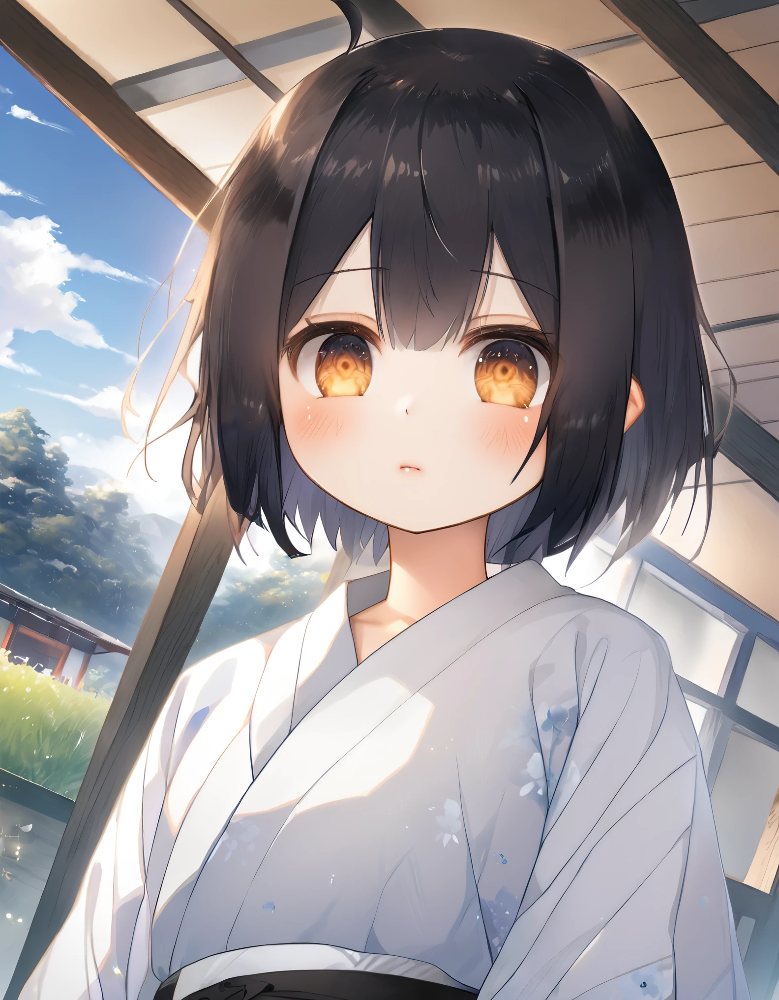 masterpiece, best quality, 1girl, hyuuga hinata, black hair, short hair, white eyes, no pupils, konohagakure, upper body, solo, looking at viewer, house inside, japanese house, meadow background,