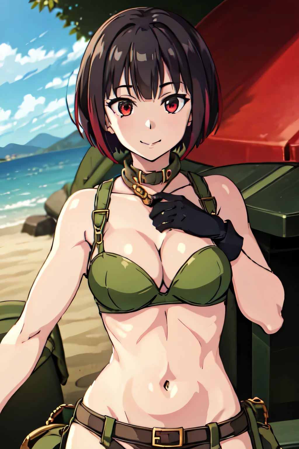 JINMETALSLUGATTACK, 1GIRL, SOLO, SHORT HAIR, BOB CUT, LARGE BREASTS, BLACK HAIR, RED EYES, GLOVES, NAVEL, CLEAVAGE, BLACK BIKINI, RED HAIR, BELT, BLACK PANTIES, BETWEEN BREASTS, upper body, facing viewer, (looking at viewer:1.5), in the center, smile