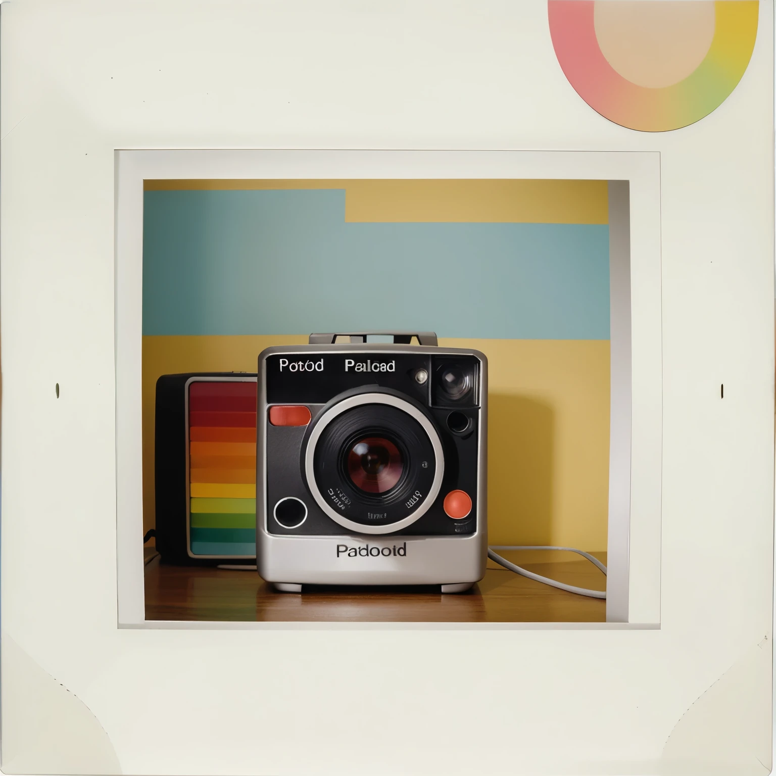 Polaroid Camera, luz branca entrando, luz colorida saindo, cores leves, minimalista 