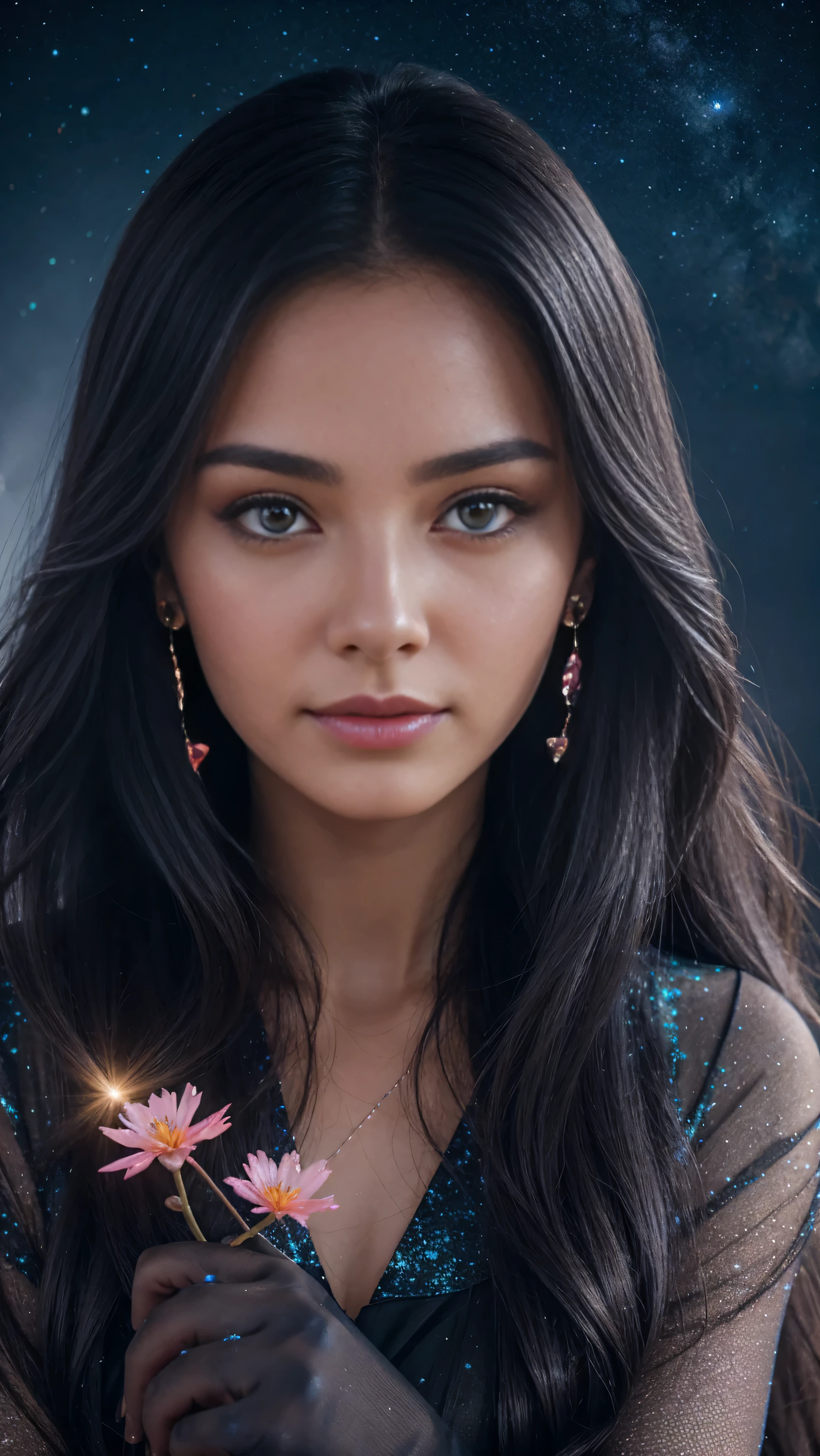 close-upBeautiful realistic girl with blue long hair in the fog,deep atmosphere ,Close-up of clean skin with detailed skin ,,in black tights and a pink blouse ,on an orange background ,Against the background of the starry sky,Bright makeup,EARRINGS WITH GLITTERS,two-leaf gray flower,translucent speckled bifoliate gray,Bioluminescent - Ultra High Quality 8K