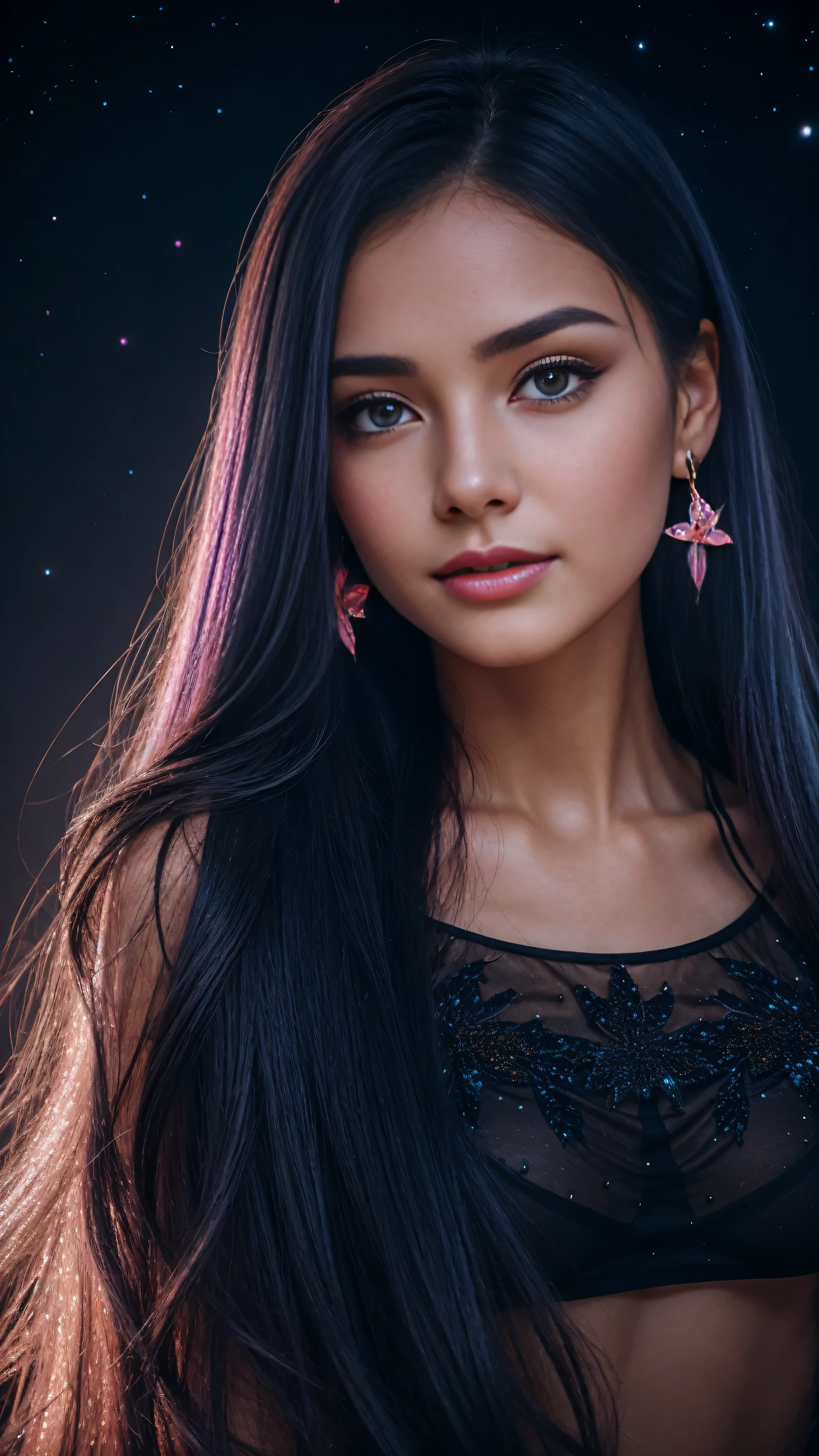 close-upBeautiful realistic girl with blue long hair in the fog,deep atmosphere ,Close-up of clean skin with detailed skin ,,in black tights and a pink blouse ,on an orange background ,Against the background of the starry sky,Bright makeup,EARRINGS WITH GLITTERS,two-leaf gray flower,translucent speckled bifoliate gray,Bioluminescent - Ultra High Quality 8K