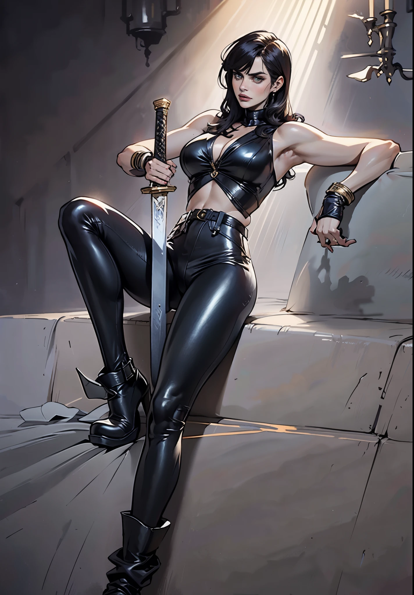 A beautiful woman with long shiny black hair, choppy bangs, a delicate face, a cold proud gaze, a fit figure, a fantasy-style high-necked leather breastplate top, sleeveless, exposes her waist, a bracelet adorns her wrist, tight-fitting leather pants, her right hand holds a longsword with a blue scabbard, she lounges casually sitting, this character embodies a finely crafted fantasy-style bounty hunter in anime style, exquisite and mature manga art style, (Alexandra Daddario:1.2), high definition, best quality, highres, ultra-detailed, ultra-fine painting, extremely delicate, professional, anatomically correct, symmetrical face, extremely detailed eyes and face, high quality eyes, creativity, RAW photo, UHD, 32k, Natural light, cinematic lighting, masterpiece-anatomy-perfect, masterpiece:1.5