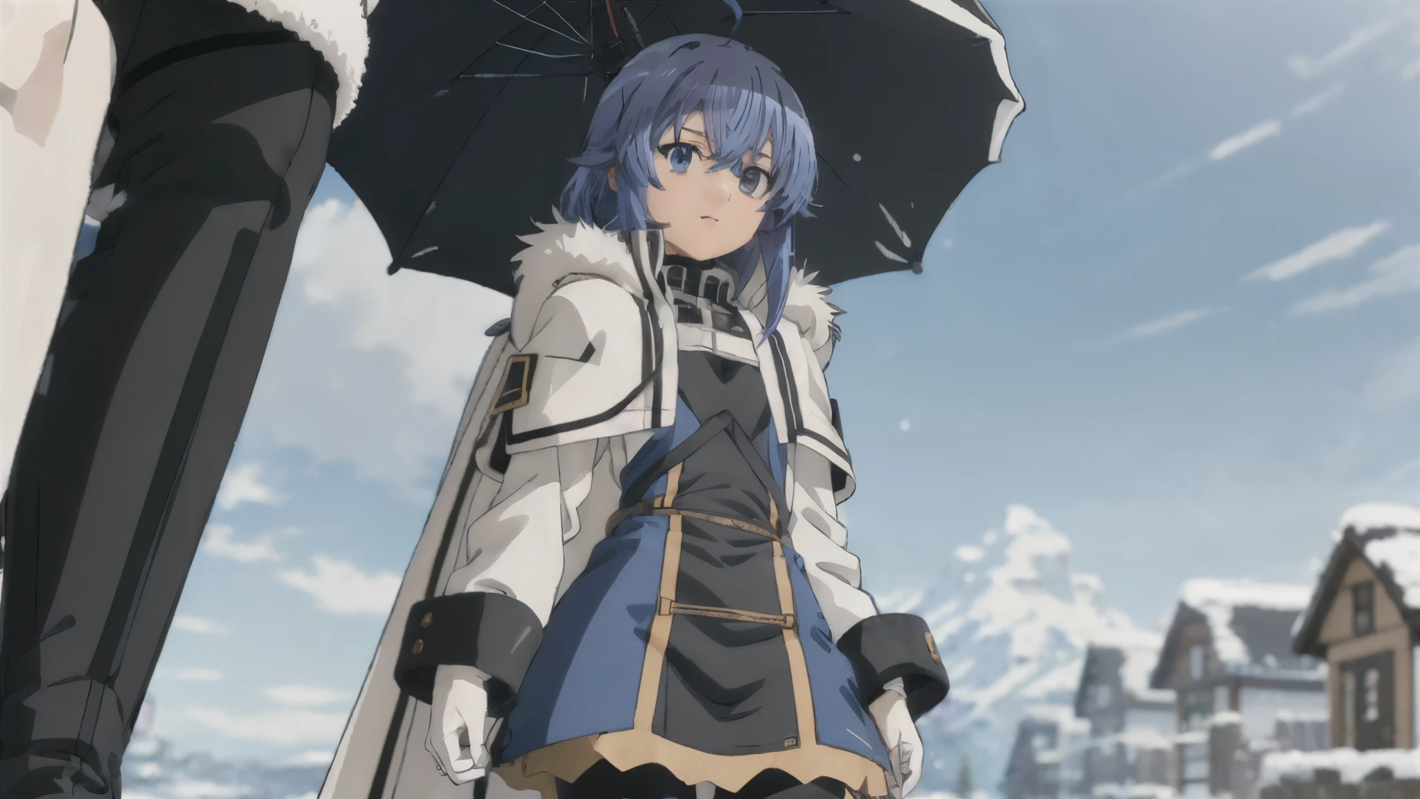 (masterpiece:1.4), (best quality:1.4), (((pixel-perfect, detail-perfect))), 1girl, solo, Roxy greyrat, blue hair, long hair, hair between eyes, ahoge, blue eyes,  small breasts, winter clothes, karakul, fur-trimmed coat, long sleeves, open coat, gloves, black turtleneck sweater, fur-trimmed skirt, (black pantyhose, knee boots:1.45), looking at viewer, (detailed background, snowscape:1.45), detailed, flat, flat colors, 2D, (anime:1.45),  
