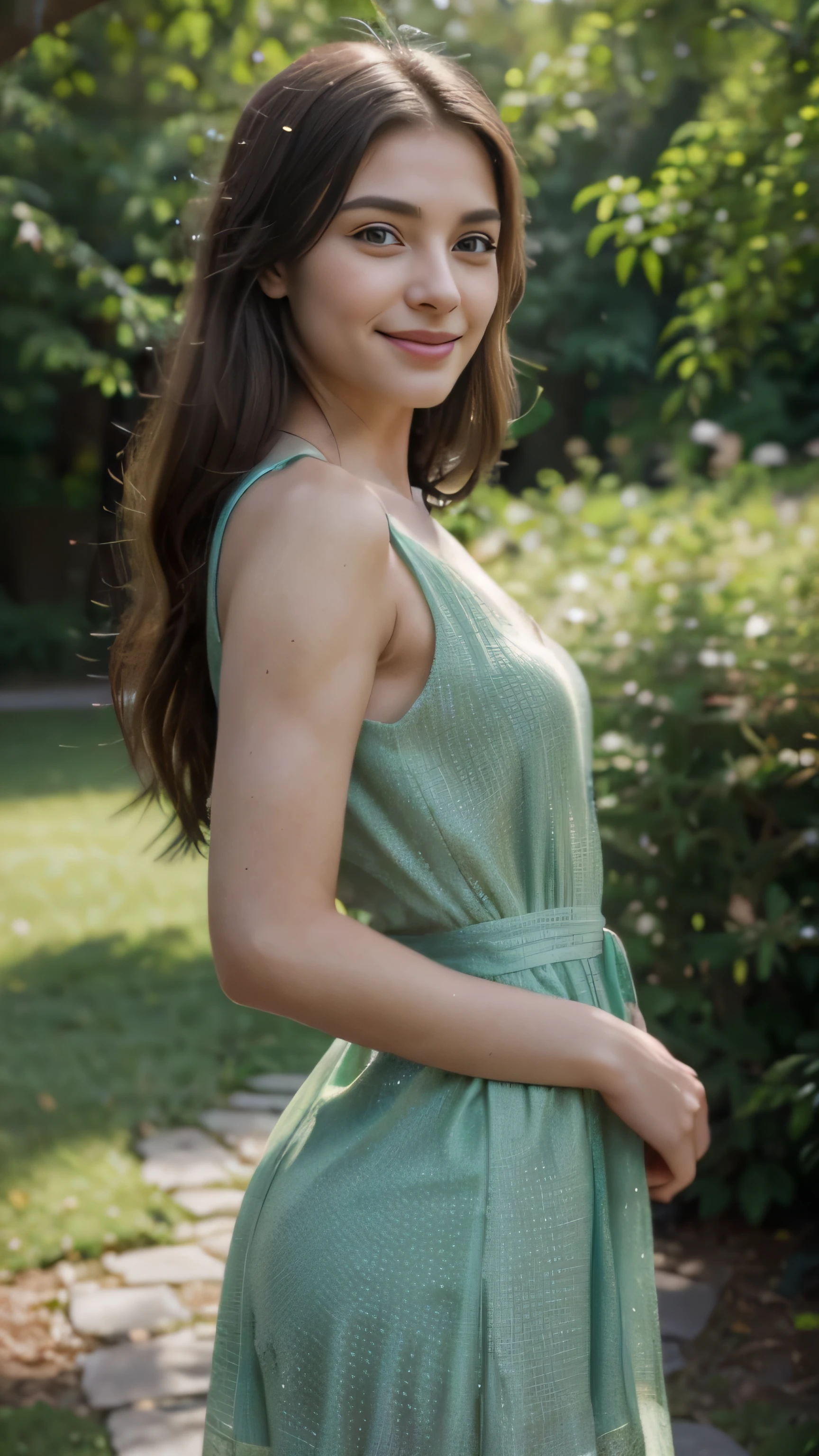 (best quality,4k,8k,highres,masterpiece:1.2),ultra-detailed,realistic,photorealistic:1.37,a beautiful white young woman smiling(23years old),(Excella_re5),(irene1),tall and slender body,(192cm tall),beautiful detailed eyes,beautiful detailed smily lips,extremely detailed eyes and face, perfect face, longeyelashes,((green dress)),dark and straight hair, imperfect skin, (textured skin, skin pores:1.1), (moles:0.8), portraits,(sharp focus:1.5),vivid colors,studio lighting,soft and warm color tones,ethereal lighting,colored backgrounds,dreamy atmosphere,thin and delicate figure,gently flowing hair,sexy posture,serene ans sensual expression,pastel color palette,feminine appearance,flower garden,warm sunlight filtering through trees,peaceful and calm ambiance,birds chirping in the background,delicate floral patterns on her dress,light summer breeze,subtle blush on her cheeks,tender and confident gaze,embodying elegance and beauty, beautiful smile, smiling