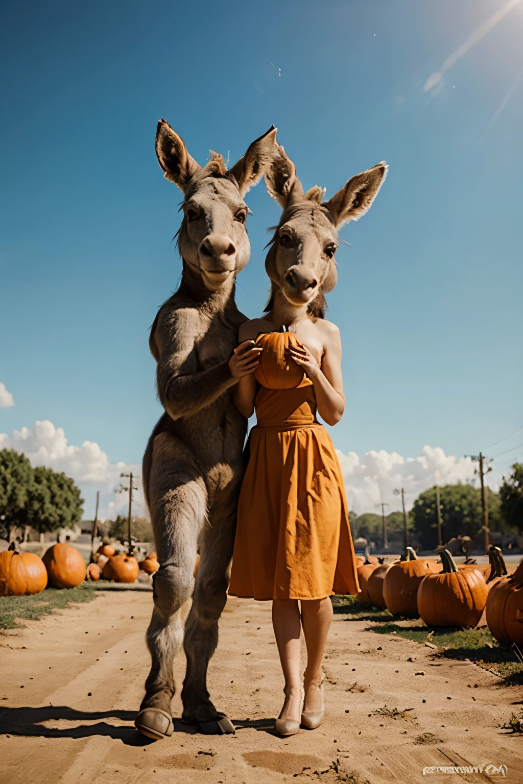 cute donkeys in realistic pixar style dancing holding hands with pumpkin in hands