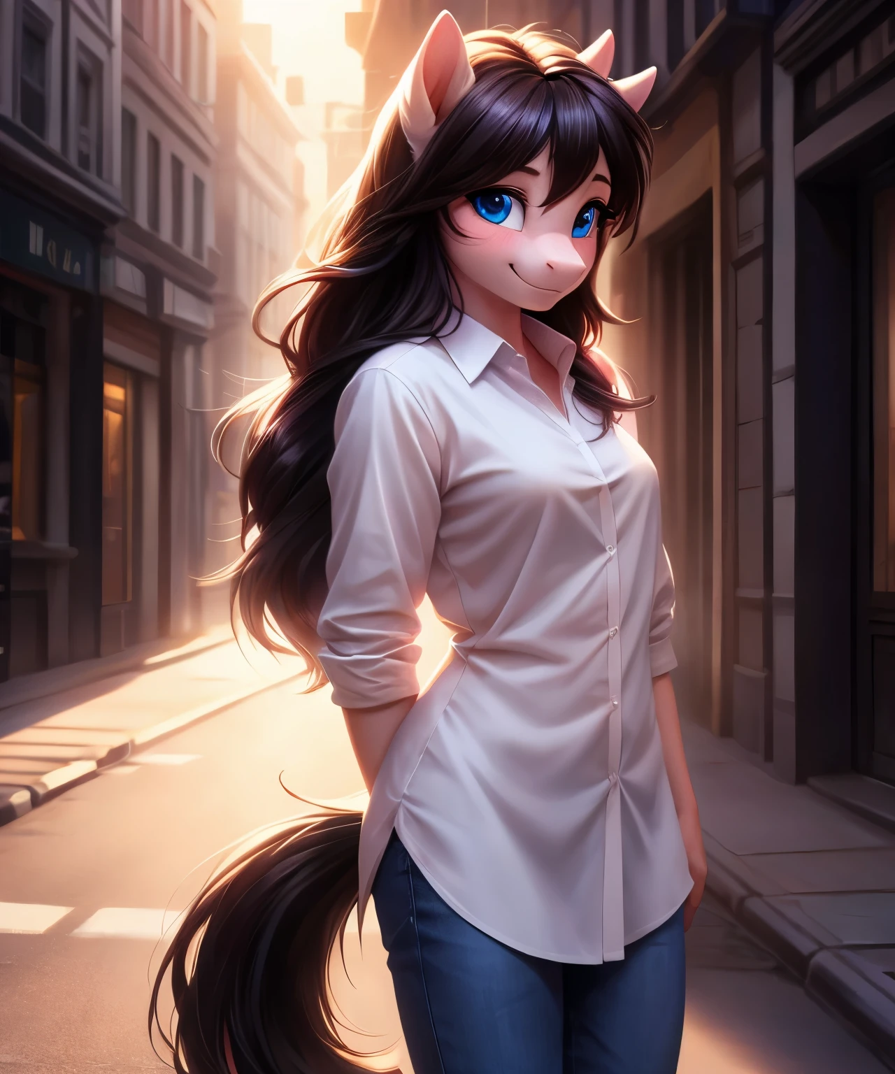 girl, Dark ash hair, long hair, tail, blue eyes, white body, my little pony, pony, anthro, dress shirt, jeans, adult, censured, vivid colours, smile, shy, light blush, street, bright colours, sunlight, realistic lighting, 8K