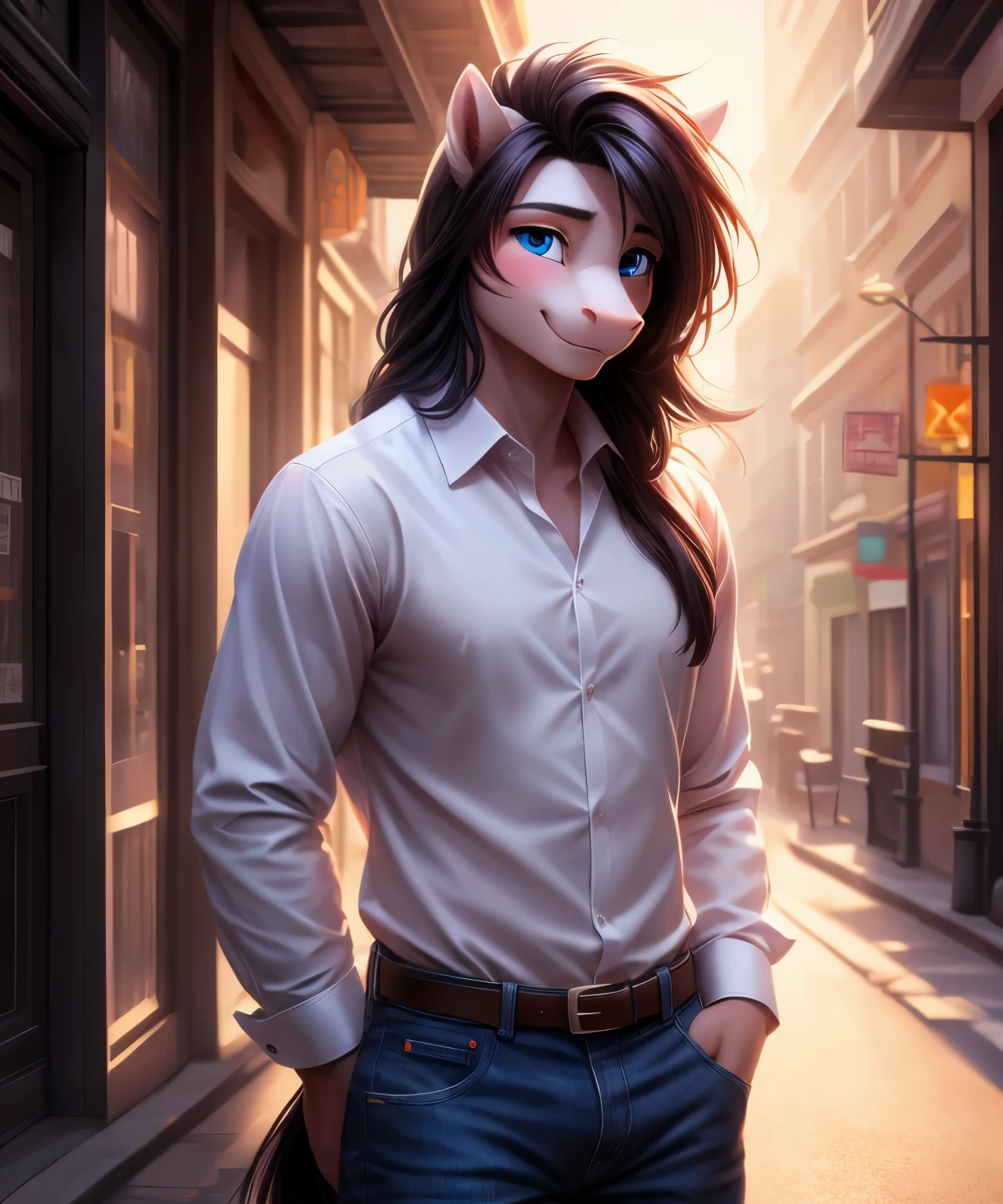 Dark ash hair, long hair, blue eyes, white body, my little pony, pony, anthro, dress shirt, jeans, adult, censured, vivid colours, smile, shy, light blush, street, bright colours, sunlight, realistic lighting, 8K
