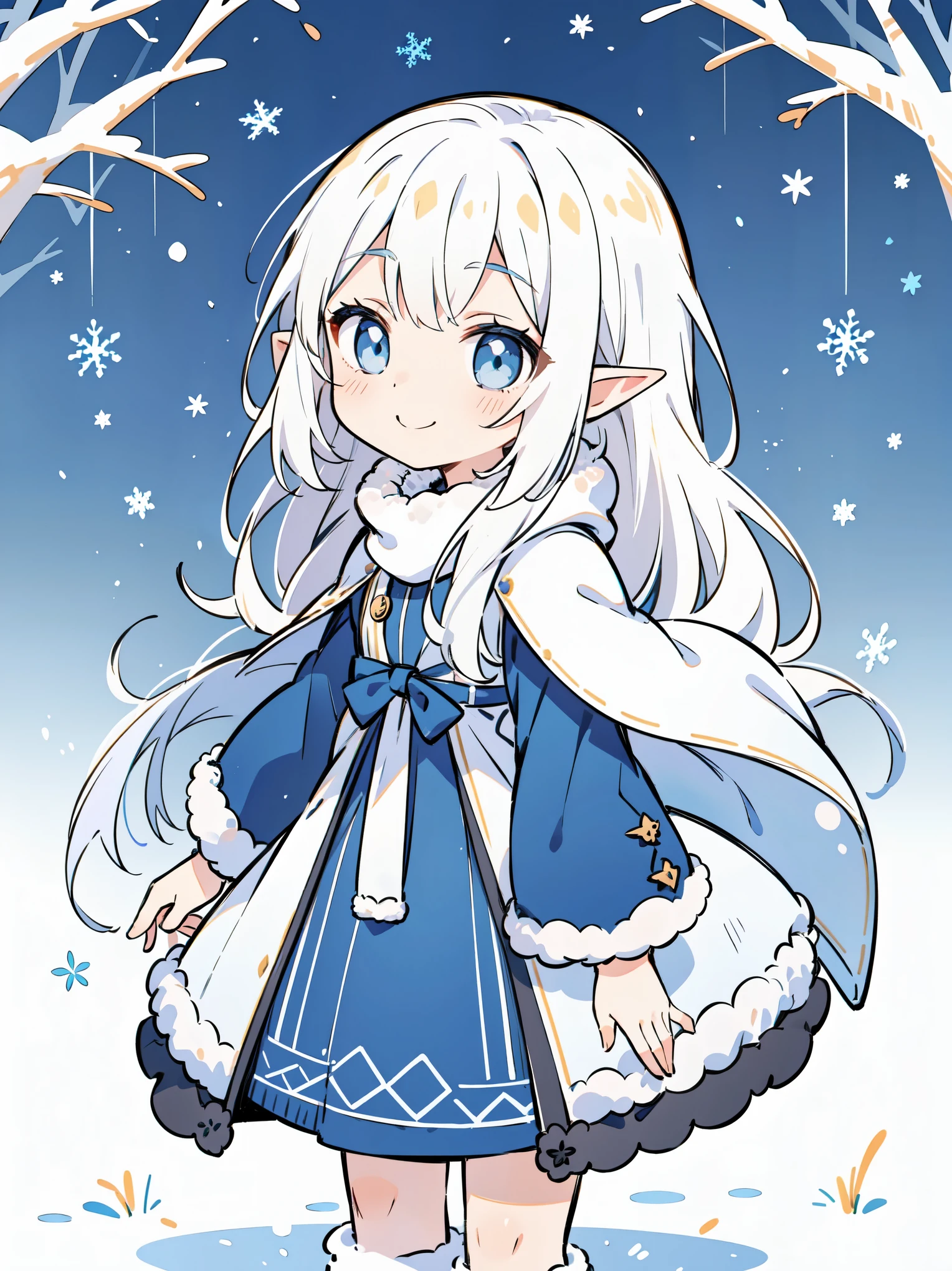 1elf girl, solo, (white hair, Deep Blue Eyes:1.2), light smile, fur trim winter dress coat, fur-trimmed sleeves, long sleeves, fantasia winter background, snowflakes, cute, simplistic, flat design, anime