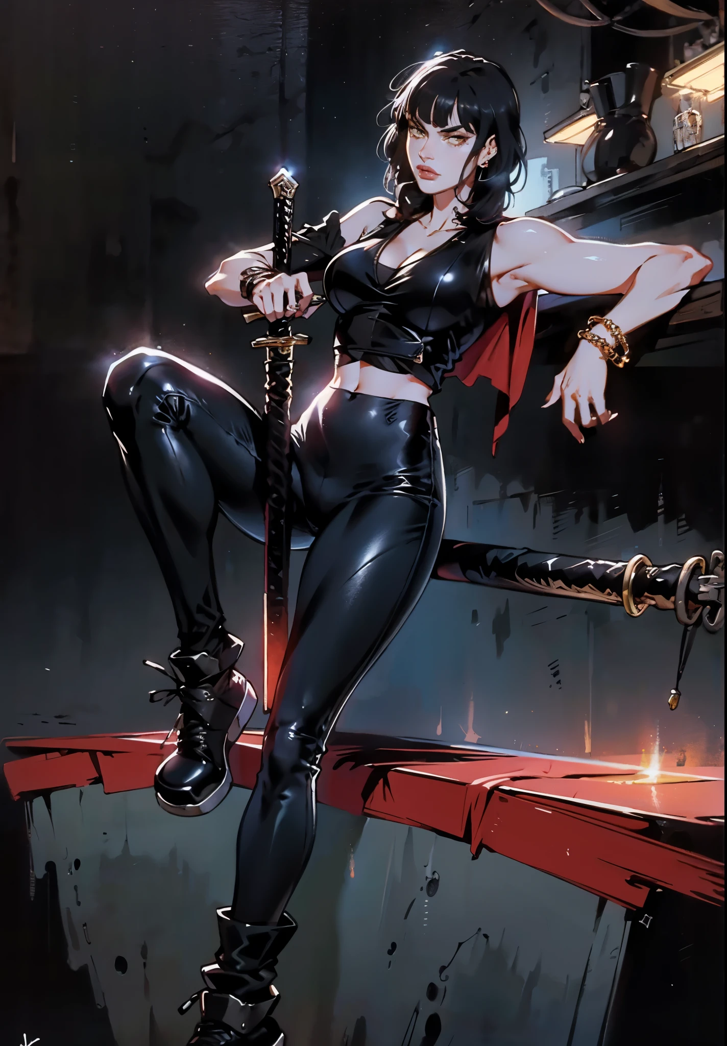 A beautiful woman with long shiny black hair, choppy bangs, a delicate face, a cold proud gaze, a fit figure, a fantasy-style high-necked leather breastplate top, sleeveless, exposes her waist, a bracelet adorns her wrist, tight-fitting leather pants, her right hand holds a longsword with a blue scabbard, she lounges casually sitting, this character embodies a finely crafted fantasy-style bounty hunter in anime style, exquisite and mature manga art style, (Alexandra Daddario:1.2), high definition, best quality, highres, ultra-detailed, ultra-fine painting, extremely delicate, professional, anatomically correct, symmetrical face, extremely detailed eyes and face, high quality eyes, creativity, RAW photo, UHD, 32k, Natural light, cinematic lighting, masterpiece-anatomy-perfect, masterpiece:1.5