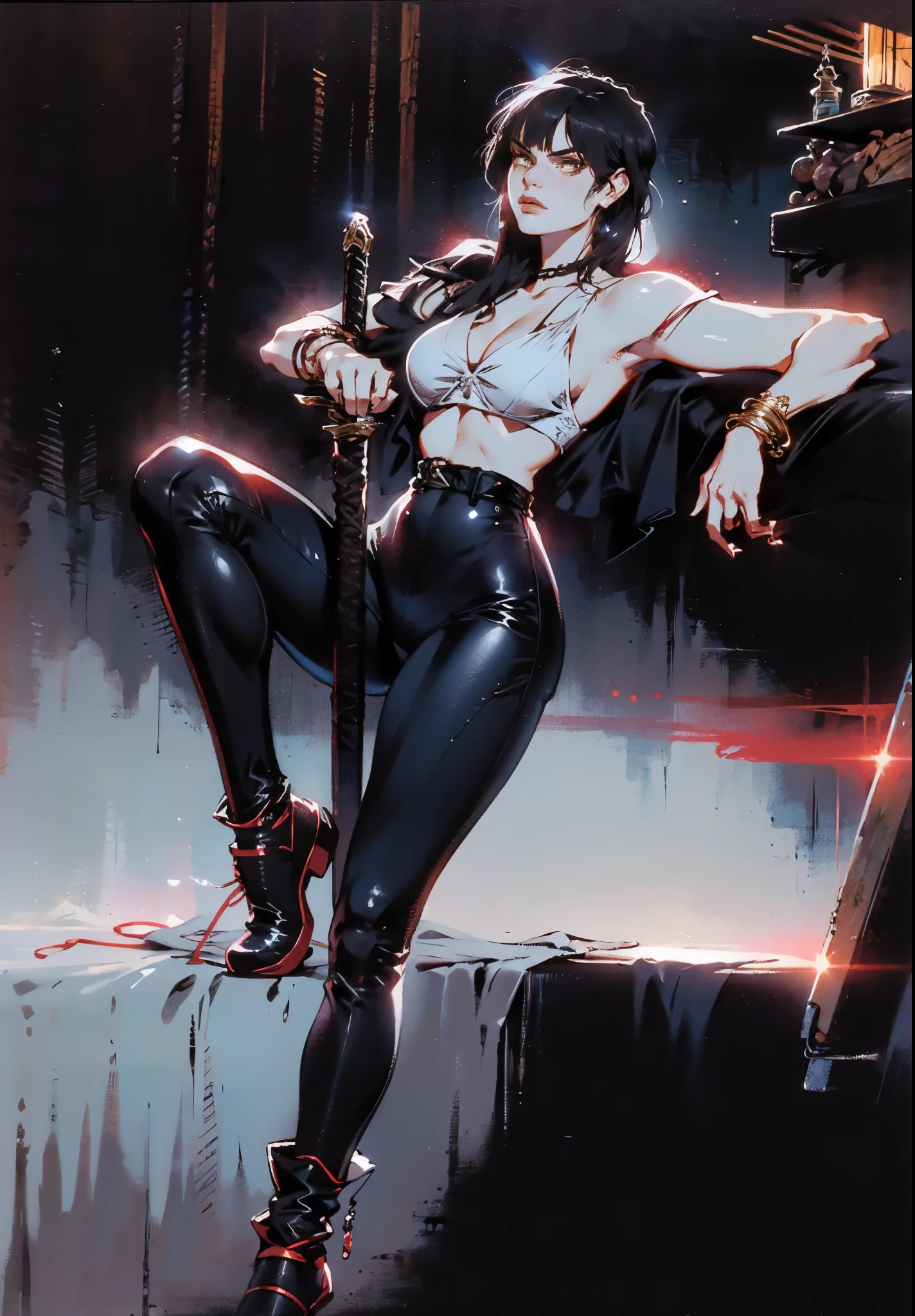 A beautiful woman with long shiny black hair, choppy bangs, a delicate face, a cold proud gaze, a fit figure, a fantasy-style high-necked leather breastplate top, sleeveless, exposes her waist, a bracelet adorns her wrist, tight-fitting leather pants, her right hand holds a longsword with a blue scabbard, she lounges casually sitting, this character embodies a finely crafted fantasy-style bounty hunter in anime style, exquisite and mature manga art style, (Alexandra Daddario:1.2), high definition, best quality, highres, ultra-detailed, ultra-fine painting, extremely delicate, professional, anatomically correct, symmetrical face, extremely detailed eyes and face, high quality eyes, creativity, RAW photo, UHD, 32k, Natural light, cinematic lighting, masterpiece-anatomy-perfect, masterpiece:1.5