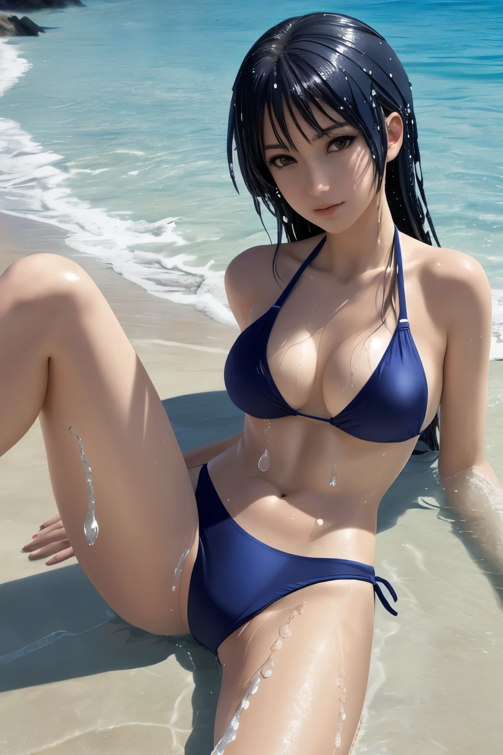 a Woman in swimsuit lying on her back, Seductive anime girls, Wallpaper anime Blue Water, Realistic bikini, wet swimwear, splash Art Anime, Beautiful Attractive Anime Woman, 4K Digital Art, lascivious, High-Definition, Open your legs wide,