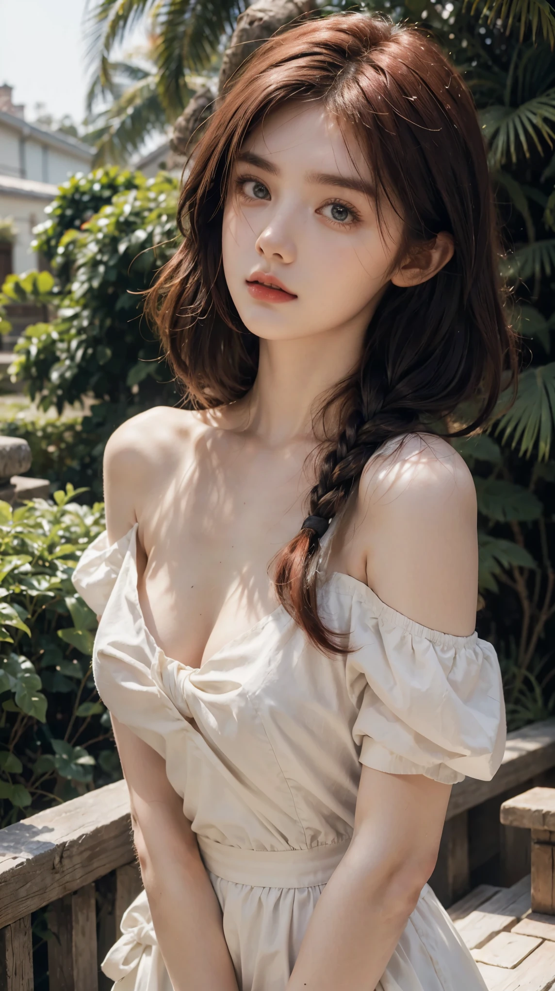 best quality, masterpiece, red hair, green eyes, white cloth, off shoulder, looking up, upper body, hair strand, Fair skin, side braid, bokeh, extremely high resolution, perfect girl, adorable face, , front face, show off her breasts, press your chest together, big breasts, I can see the nipples