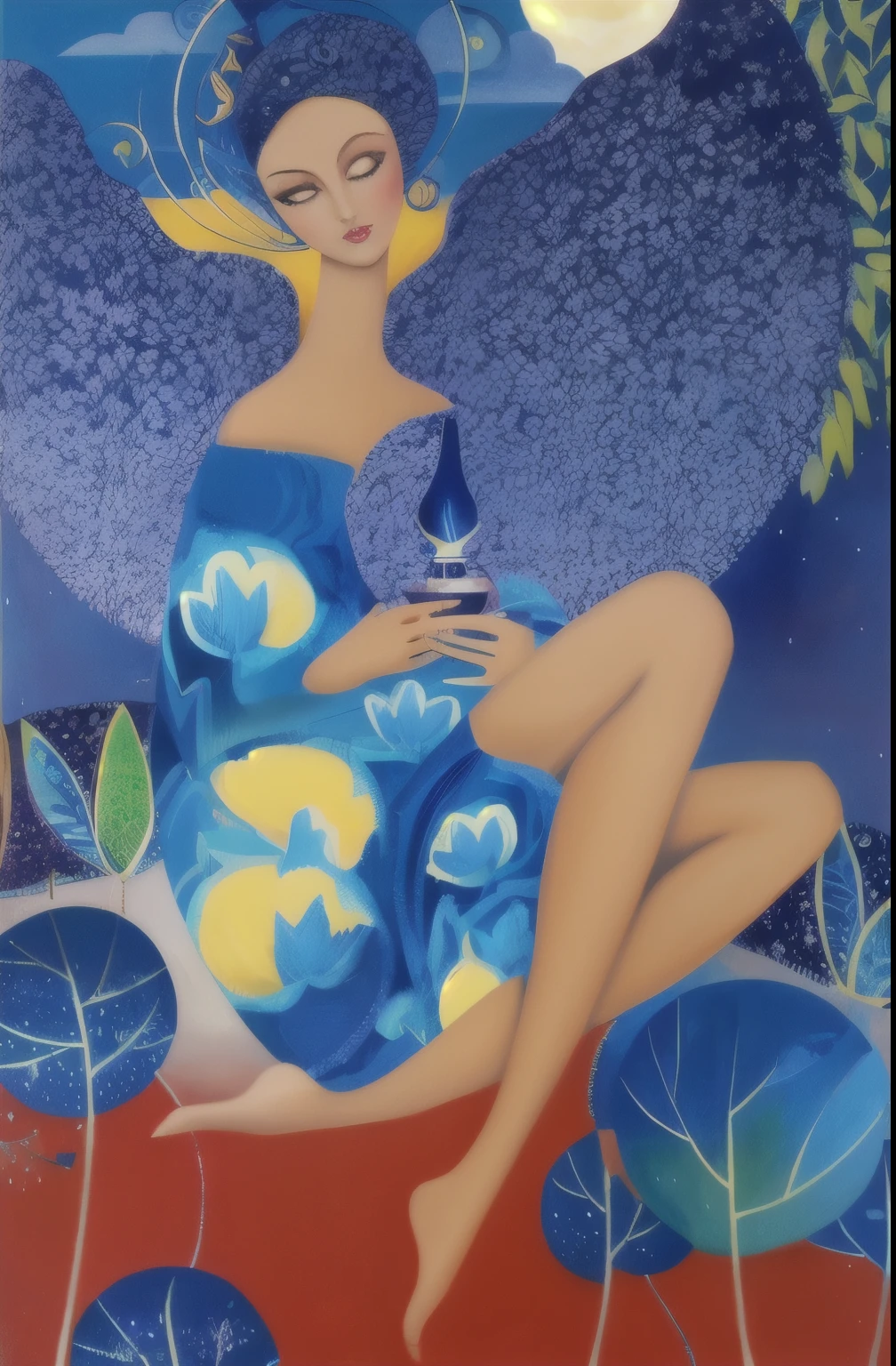 painting of a woman sitting on a flowery field with a blue sky background, portrait of a cosmic goddess, moon goddess, celestial goddess, art deco flower shaman, art deco painting, cosmic goddess, by Jean Hey, sacred feminine, by Marie Bashkirtseff, lunar goddess, by Andrzej Pronaszko, by Wilhelm Sasnal