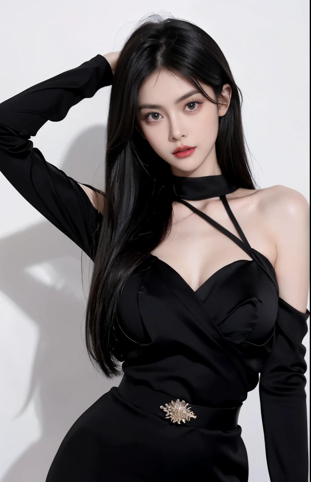 （lifelike,high resolution：1.3）， A slim girl， The face shape and eyes are super delicate,(black hair),red glossy lips,(beautiful face), (best quality), (Super detailed), (Extremely detailed CG unified 8K wallpaper),((Black sexy evening wear)),(White background),(cleavage),(Model photo),sexy look,big eyes,(standing),(Slim waistline)，Eyes look at the audience,soft breasts,Very perfect breasts,Character centered,White skin,layered hairstyle,Perfect body,Slightly fat,full