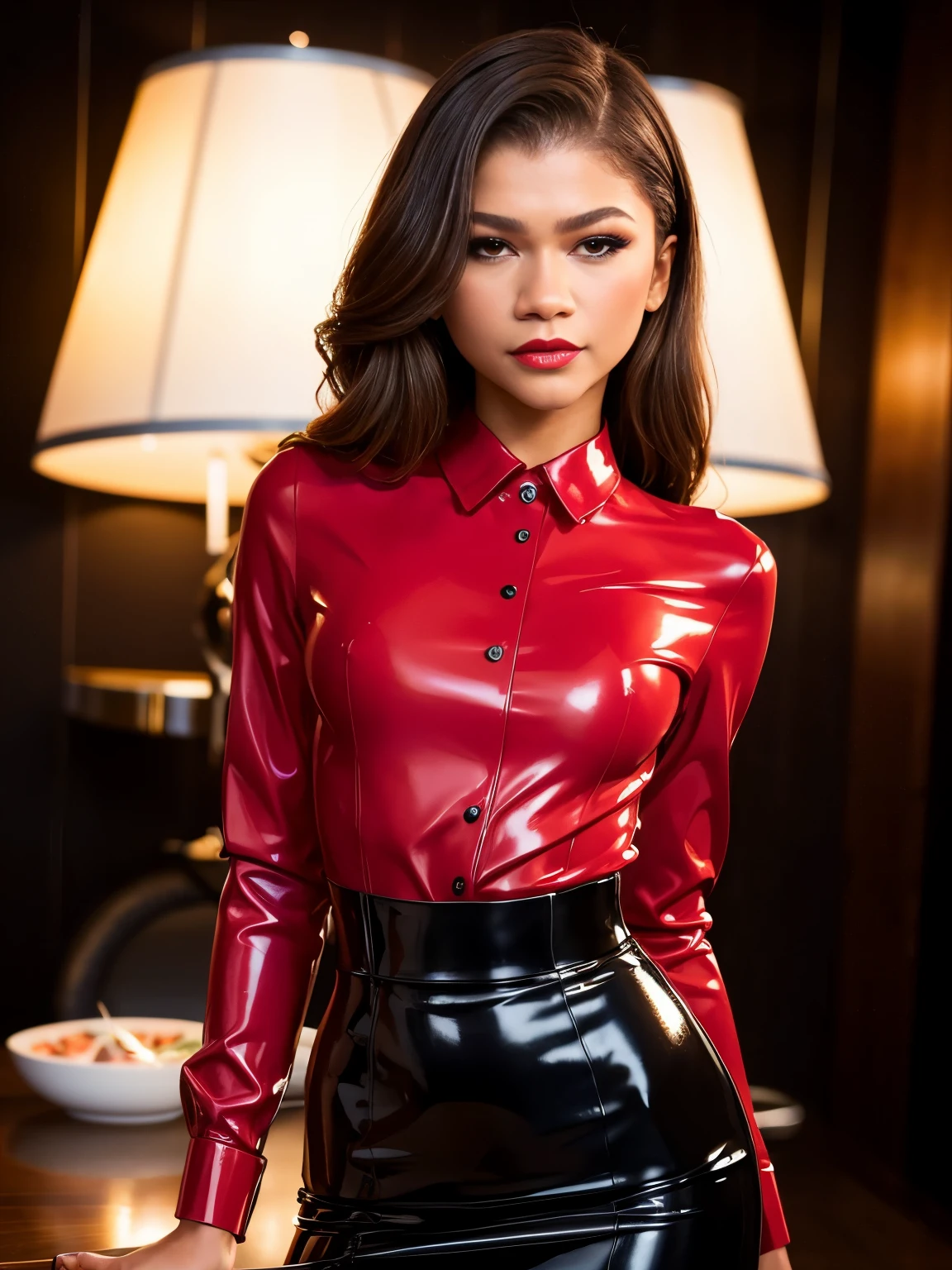 beautiful woman (Zendaya),latex blouse,spits on blouse,detailed eyes and face,ultra-detailed hair,attractive appearance,confident gaze,longeyelashes,beauty,sexy,modern fashion style,black high heels,fashionable,wet blouse,shiny latex material,bright red lipstick,sharp focus,vivid colors,studio lighting