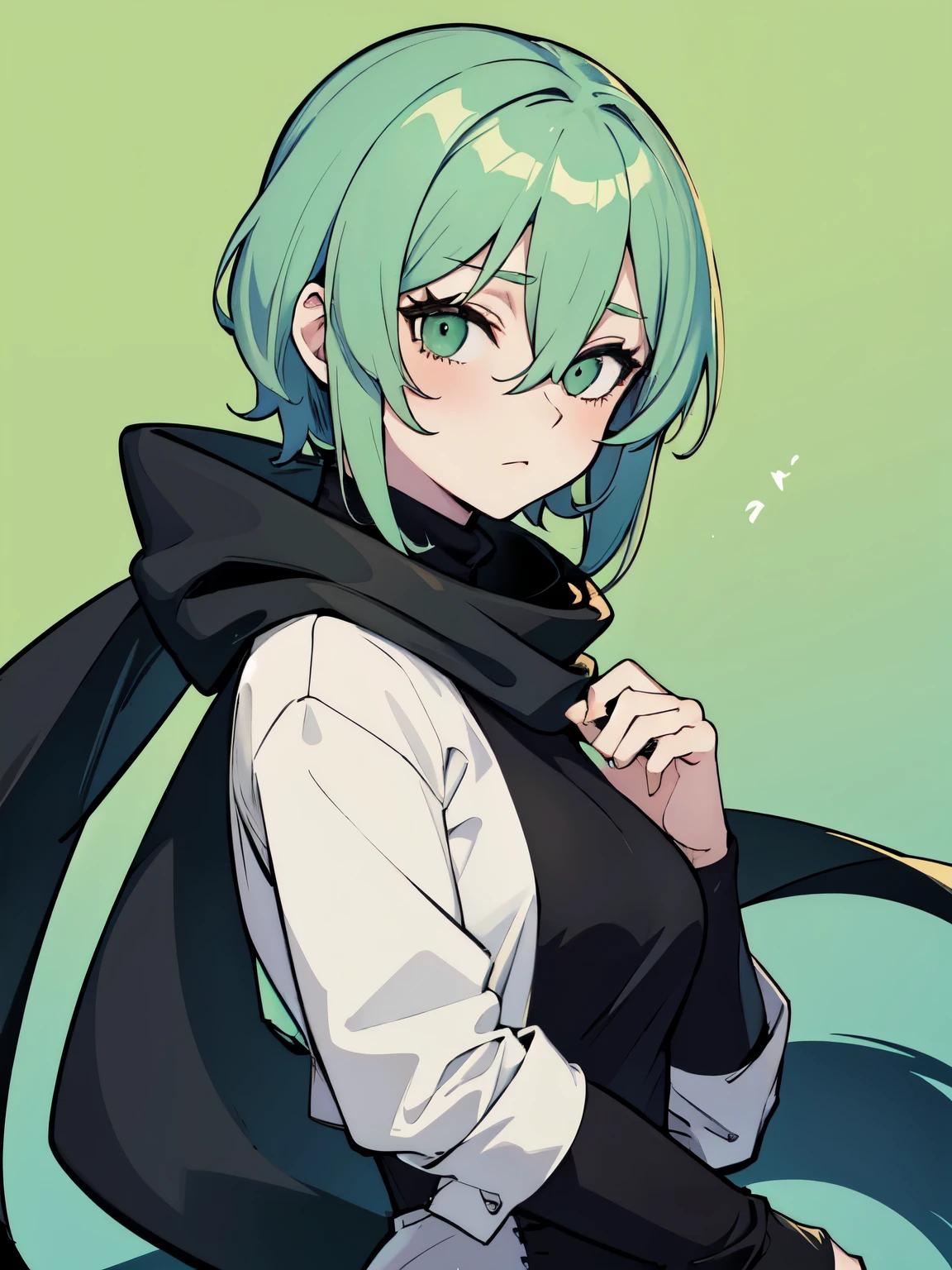 masterpiece, best quality, highres, 1girl, short green pastel hair, black shirt, turtleneck, long scarf