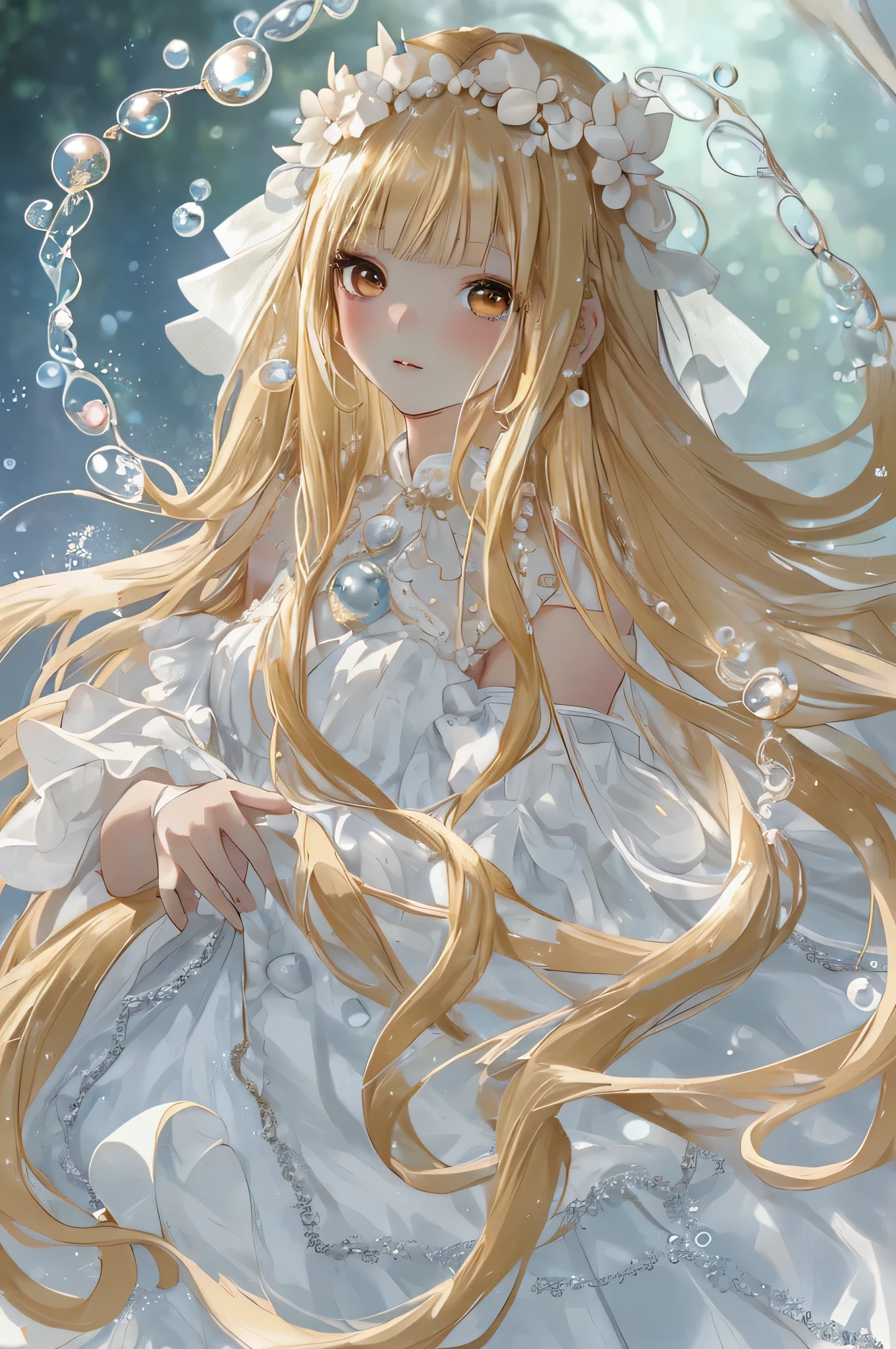 high quality, Super detailed, blonde hair + white clothes: 1.2, sweet and delicate girl, delicate features, perfect figure, face decorated with pearls, surrounding bubbles, bright bright colors, romantic long hair, Natural light, warm and sweet, brown eyes, gorgeous hair ornament.
