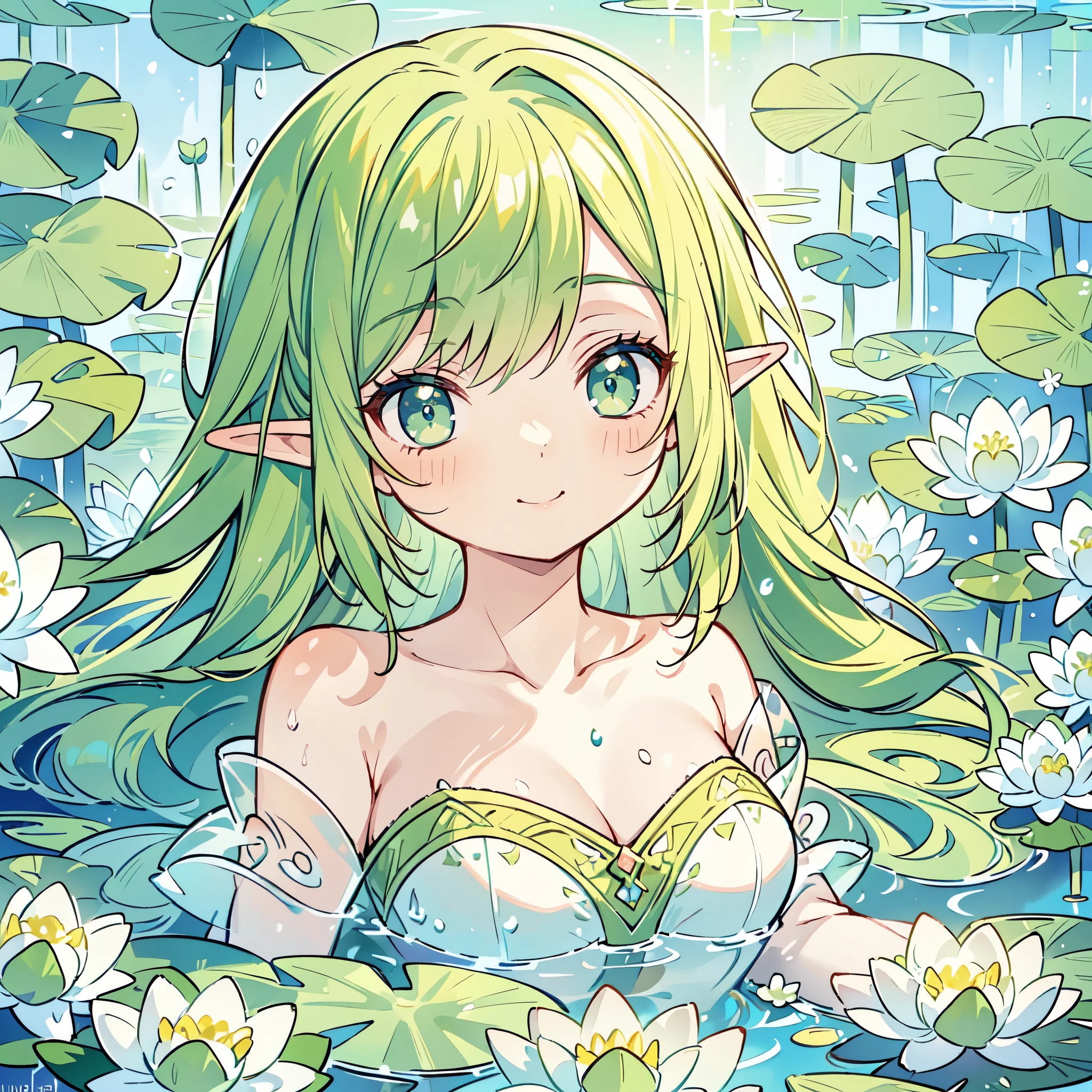 (high angle), ((close-up portrait of young solo elf woman with green hair)), lying in water, body submerged in water, shallow water, ((surrounded by white flowers, water lily pads and lotus)), extremely detailed face, wet, perfect illumination, masterpiece, cleavage, sultry smile, white and green thin off-shoulder sundress with transparent sleeves, neutral expression