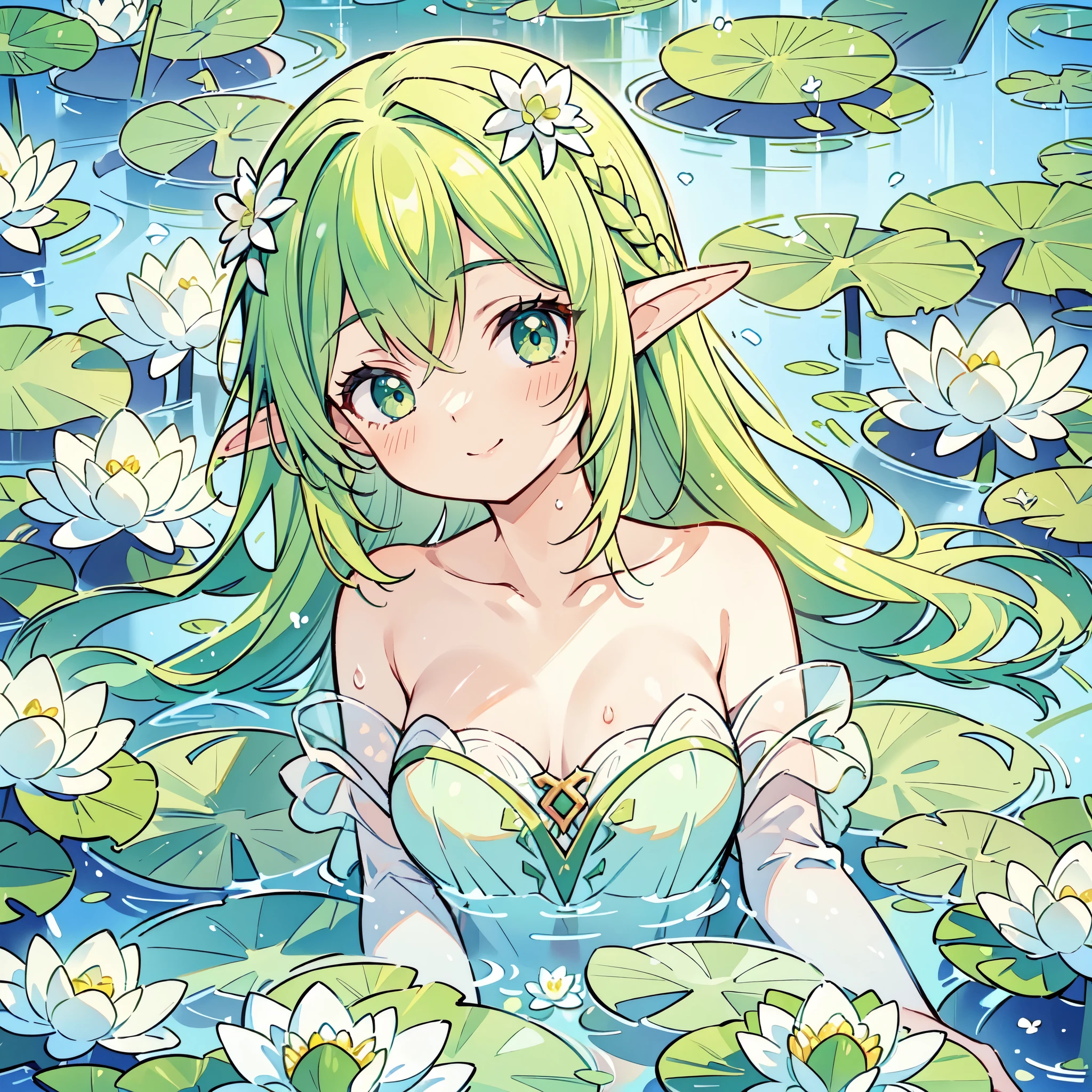 (high angle), ((close-up portrait of young solo elf woman with green hair)), lying in water, body submerged in water, shallow water, ((surrounded by white flowers, water lily pads and lotus)), extremely detailed face, wet, perfect illumination, masterpiece, cleavage, sultry smile, white and green thin off-shoulder sundress with transparent sleeves, neutral expression