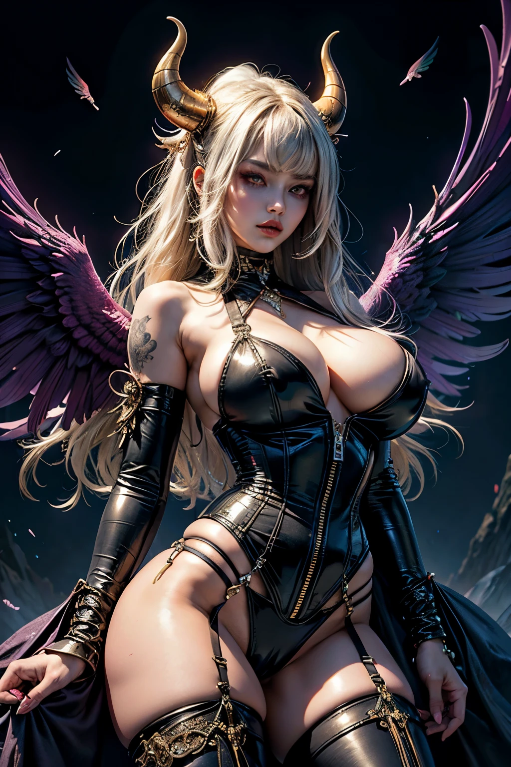 (masterpiece, top quality, best quality, official art, beautiful and aesthetic:1.2), (the most beautiful and sexy demon goddess, oni horns, black angel wings, glowing black halo), extreme detailed,(fractal art, cosmi, aesthetic, psychedelic, atmospheric, dreamlike:1.3),colorful,highest detailed, very long platinum white hair, vibrant moonlight eyes, accentuated super huge enormously gigantic tits, cleavage showing, leather corset micro thong lace panties and thigh high boots with lots of straps buckles and zippers, tattoo sleeves and piercings, cherry blossoms blowing in the wind, enchanted cosmic aesthetic atmospheric dreamlike post apocalyptic background