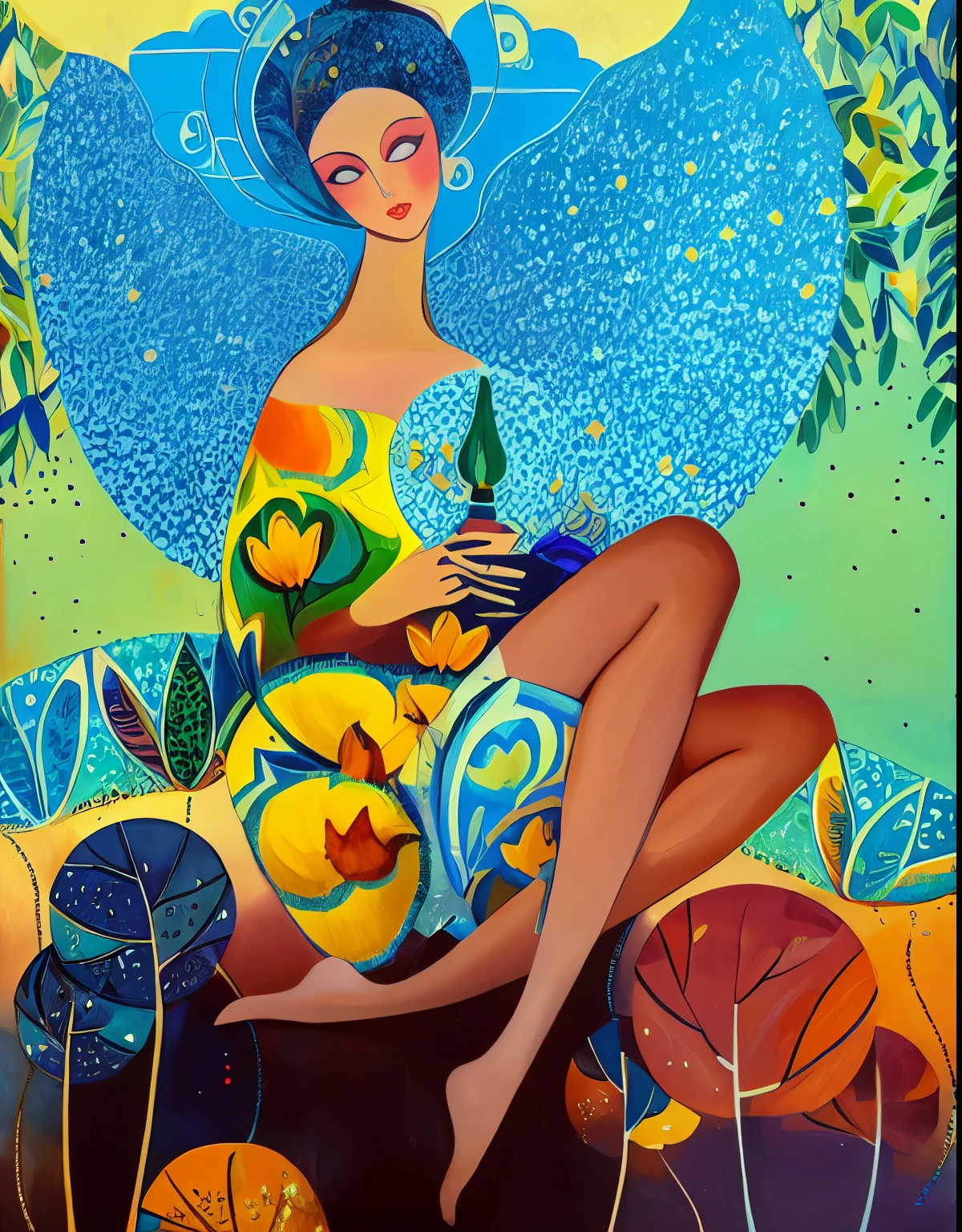 painting of a woman sitting on a flowery field with a blue sky background, portrait of a cosmic goddess, moon goddess, celestial goddess, art deco flower shaman, art deco painting, cosmic goddess, by Jean Hey, sacred feminine, by Marie Bashkirtseff, lunar goddess, by Andrzej Pronaszko, by Wilhelm Sasnal