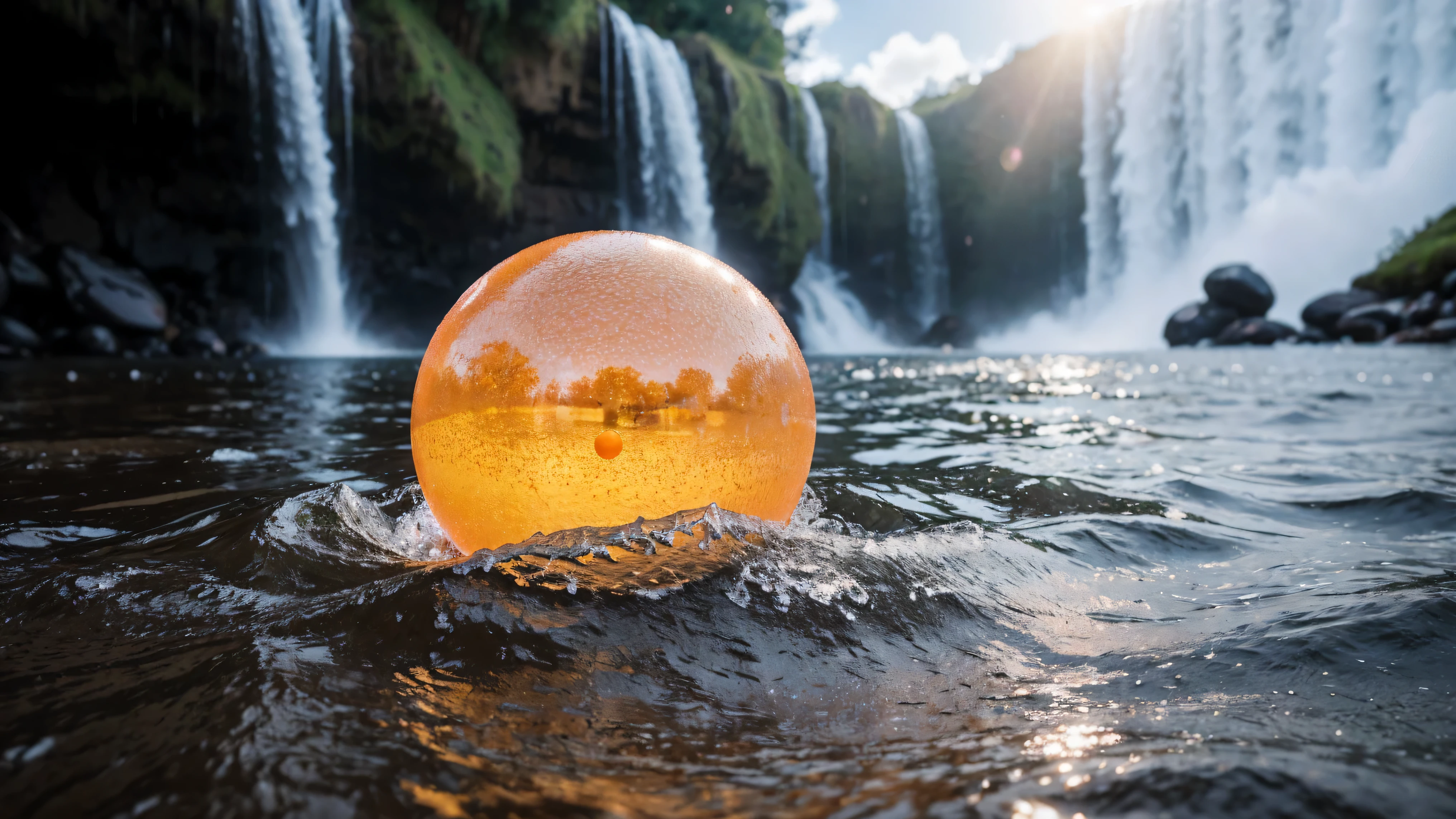 orange rubber balls wet in water droplets lie on clouds ,a tunnel of clouds and orange rubber balls lie along it,hyperdetalization of rubber balls,water splashes,blue sky,the sun's rays shine brightly,soft and delicate color,soft lighting,8k,enhanced detail,high quality,8k, full hd , (f/1.2, f/1.4, f/1.8) focal length - 28 mm, pink rubber ball with high detail and high roughness under the waterfall in focus,the background is blurred,