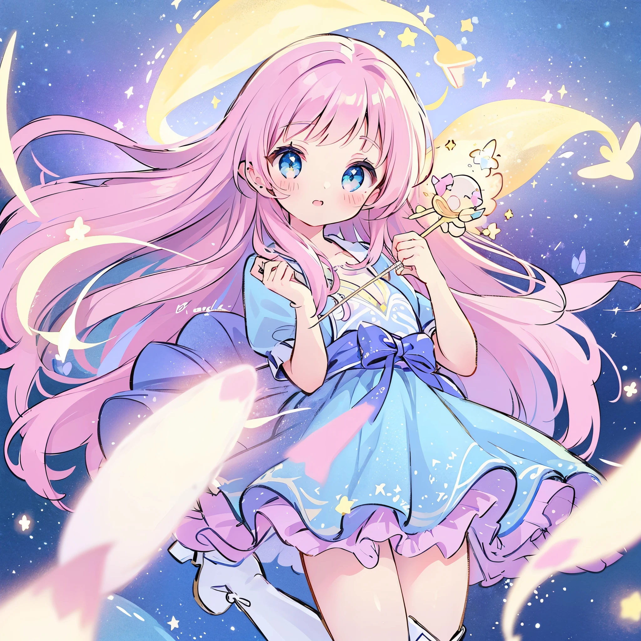 ((magical )), ((Gorgeous starry sky background)), ((Ultra-detailed)), ((Best Illustration)), ((Cinematic lighting)), Dynamic Angle, Floating, finely detailed, (glitters:1.2), (Sparkle:1.2), (Shine:1.2), classic, (Painting:1.1), (Sketch:1.1), (Best quality), (Masterpiece:1.2), (Anime style), (Solo), Beautiful detailed face, (Cute face:1.3), (Big eyes:1.3), Colorful hair, (Long hair:1.2), (Floating hair:1.2), (magical girl outfit), detailed outfits, (Sparkling wand:1.3), (Magical effect:1.3), (Flowing skirt:1.2), (Cute boots:1.1), (Transparent fabric:1.1), (Twinkle:1.2), (Glow:1.2), (Radiance:1.2), (Flicker:1.2), (Dazzle:1.2)
