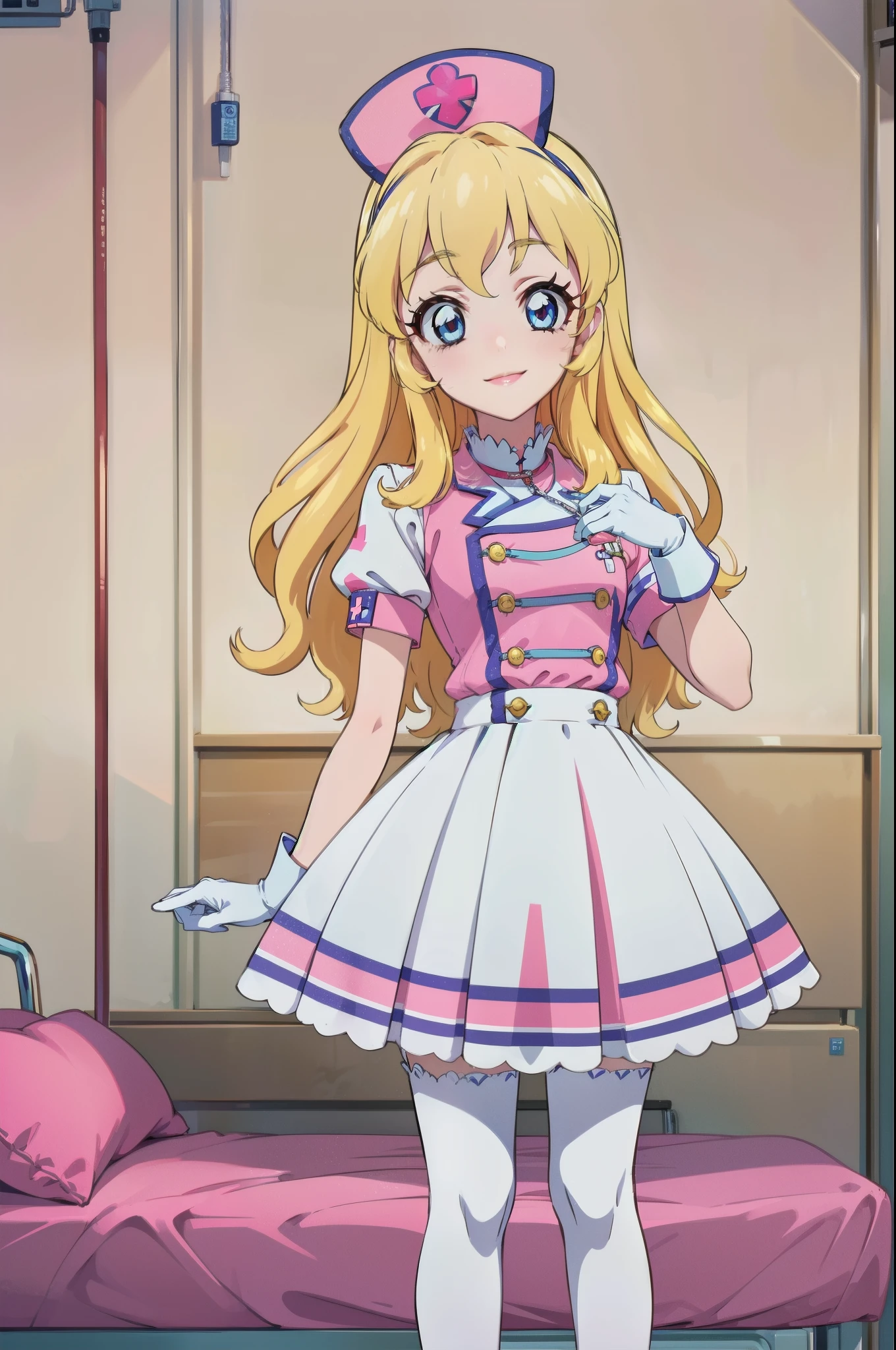 aikatsu,Blonde_HAIR,RED_HAIR_band,1girl, solo, nurse, nurse cap, white wear, ((white legwear, zettai ryouiki)), white gloves, blonde hair, blue eyes, pink lips, smile, standing, ((hospital room)), sharp outline, short sleeves, best quality, masterpiece